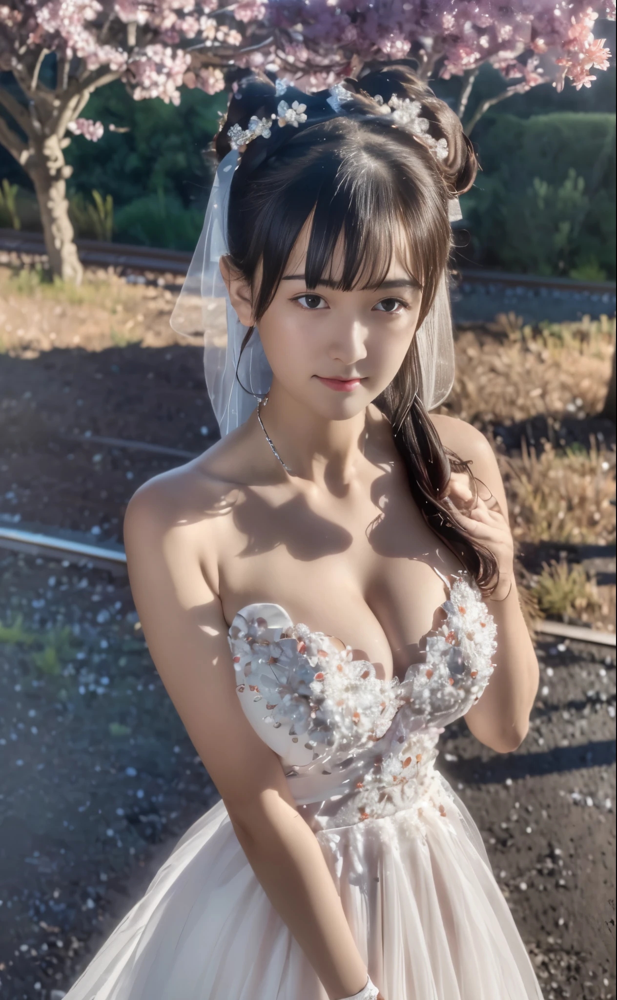 (((Pixel perfect, Perfect details))), alone, 1 girl, yuigahama yui, Close-up of beautiful bride wearing beautiful wedding dress,Gurwitz, (bridal veil:1.5),(transparent short veil:1.5),blush,eye shadow,Blushing face,Head flower,headgear,bouquet,(tube top wedding dress:1.5),(silk dress:1.2),(strapless wedding dress:1.5),pure white dress,necklace,earrings,(large breasts:1.3),Bangs,lipstick,(White long elbow gloves:1.4),whole body照,High-detail RAW color art,White long skirt,whole body,(standing on the railroad tracks:1.3),18 years old, (long twintails:1.5),(double bun:1.5), black hair