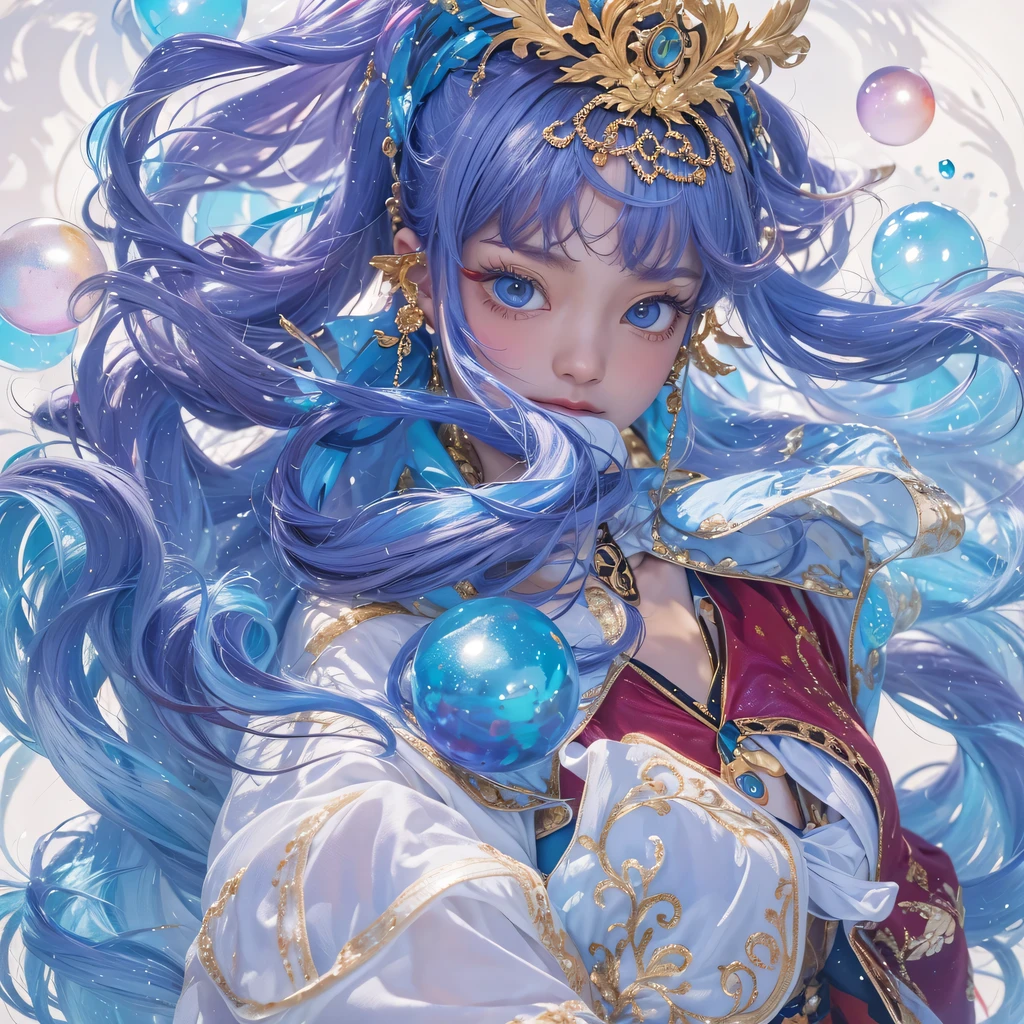 Yellow blue colors,enamel,agate,A flesh-colored world,Blood Blue Maiden 32k(masterpiece,HD,Aoyama Pond,Ultra high quality,32k)long flowing bright blue hair,blood pool,Ziddink, a color,Grumpy (After greeting), (Linen scarf), fighting stance, looking at the ground, long white hair, Floating bright blue, Fire cloud gold headdress, Chinese long-sleeved gold silk burgundy garment, (Abstract metaverse splash:1.2), White background,Peony flower vitality protector(realistically:1.4),bright purple hair,Smoke on the road,The background is very pure, high resolution, detail, RAW photos, Sharp Re, Nikon D850 film photo by Jefferies Lee 4 Kodak Portra 400 camera F1.6 guns, colorful, Ultra-realistic and vivid textures, dramatic lighting, Unreal Engine Art Station Trend, Sinest 800,一个有着long flowing bright blue hair的女孩,huge colorful bubbles