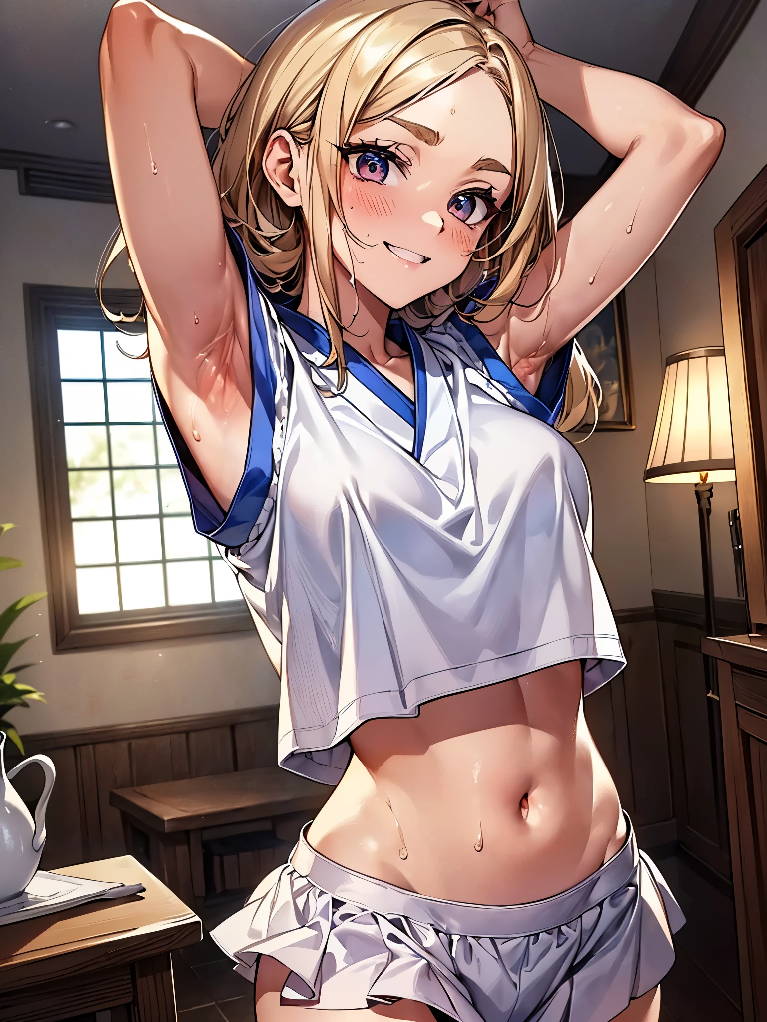 full body figure、Perspective from a low point、sit on the bed、(((perfect human body:1.3))),(((perfect fingertips:1.3))),(((show me your armpits:1.3))),(((brown skin:1.3))),(((blonde gal、Thin eyebrows,middle hair、Forehead))),white sailor suit:1.3,navy blue uniform skirt、belly button、short sleeve,(((embarrassing:1.3))),(((face is red:1.3))),(((Sweat)))、(((Gal's Room:1.3)))