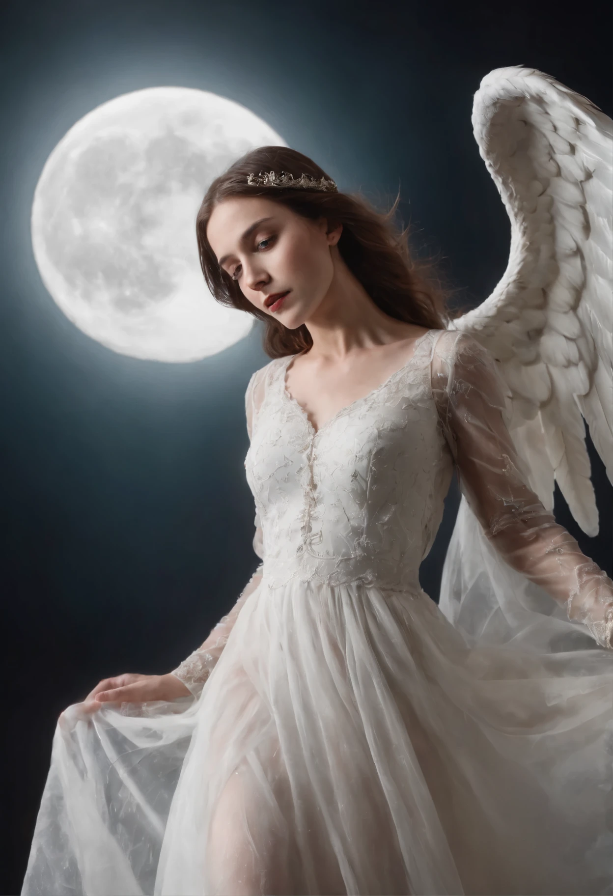 angel descends、A surreal scene of being thrown out of the sky in the dark with a very detailed appearance, behind the moon, Photographed with incredible realism. surreal quality, photo's