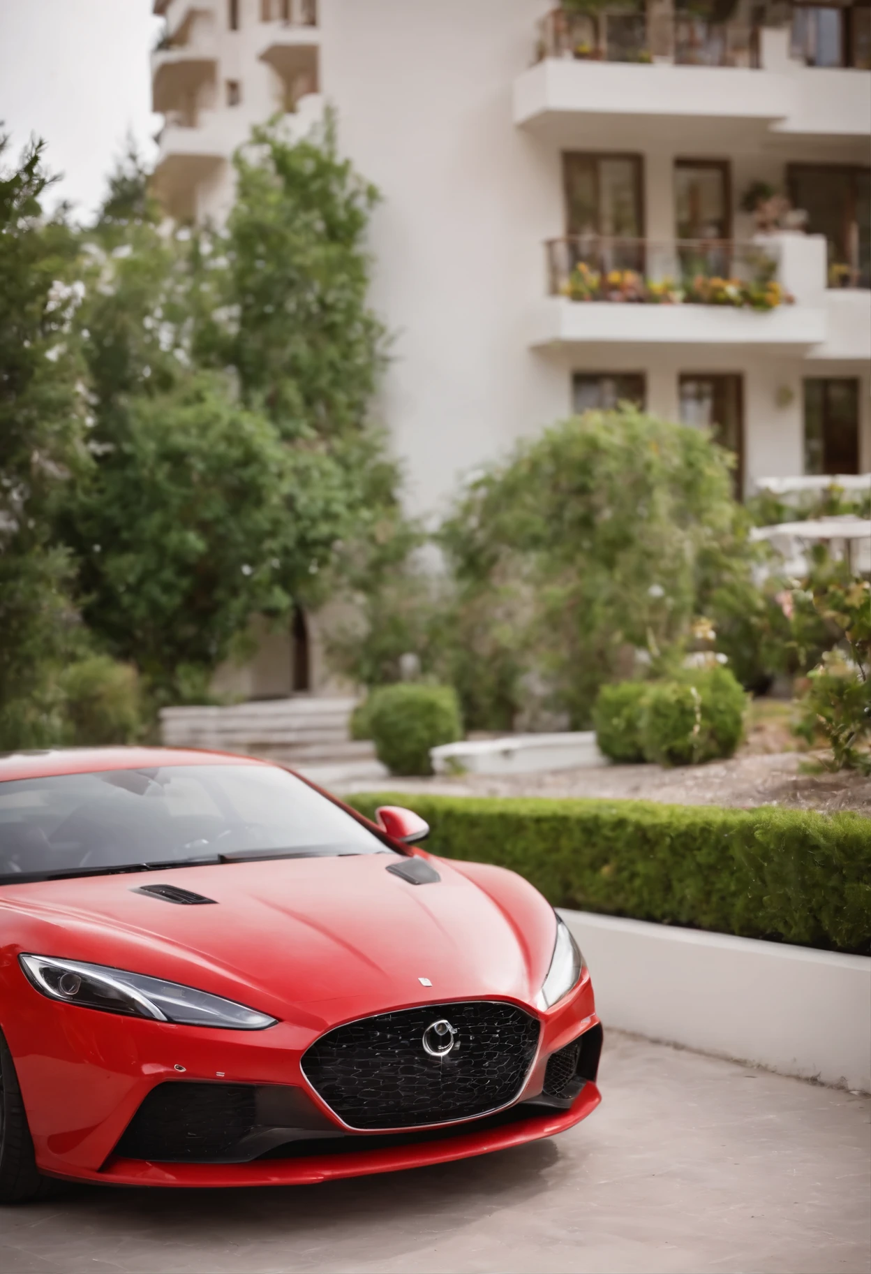 A bright red luxury car was parked in front of a luxury hotel, with a beautiful view of nature on the side of the hotel.