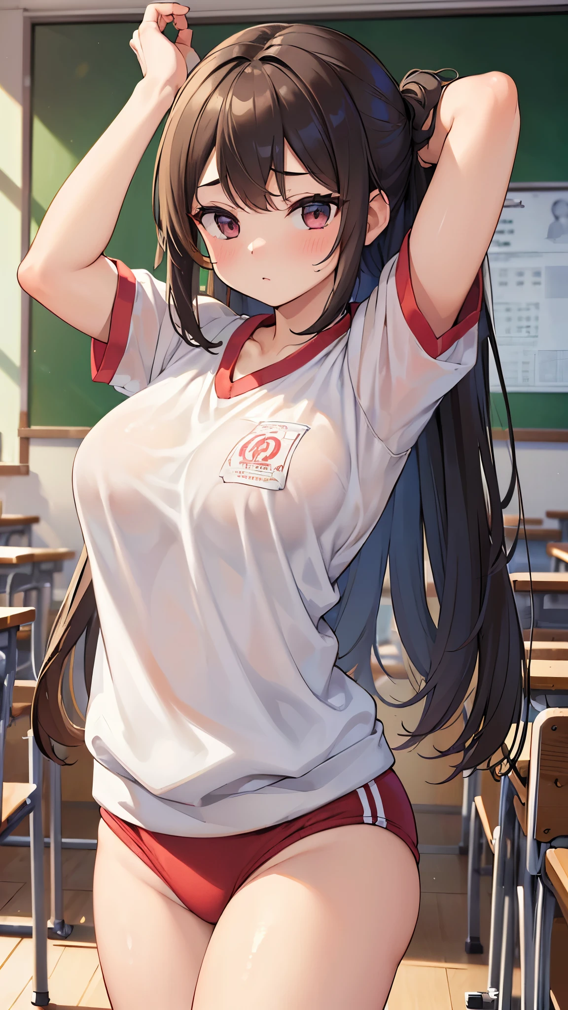 (masterpiece, best quality:1.4),(large breasts:1.0), wearing intricately detailed((gym uniform, buruma:1.09),(white:0.9) cute bra),(head out of frame:1.1),intricately detailed skin,intricately detailed brown long hair, ,(cowboy shot:1.1),jn classroom, (starting to undress:1.0),natural lighting,