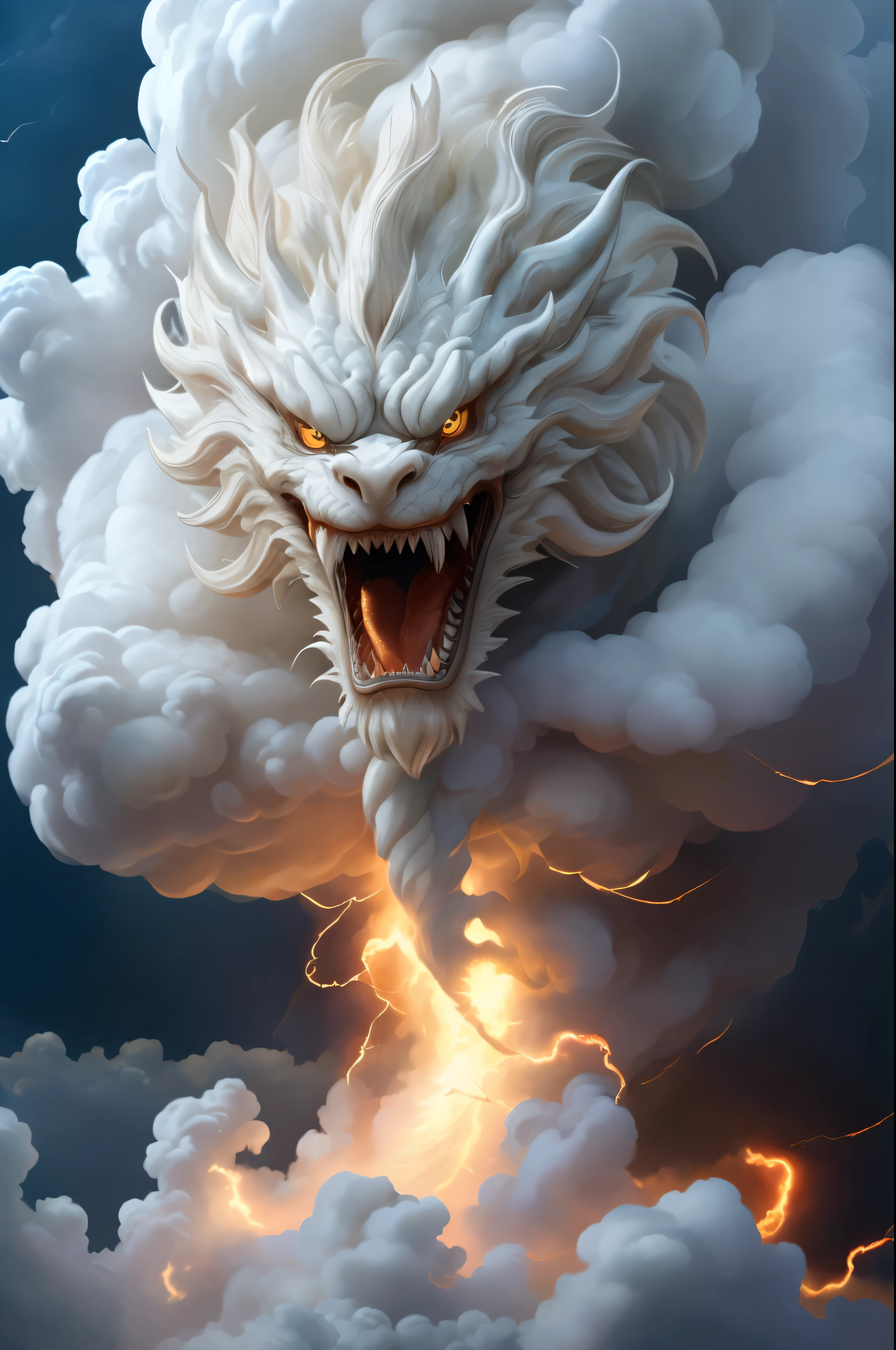 there is a white dragon with yellow eyes and a cloud of smoke, a dragon made of clouds, cloud in the shape of a dragon, ''dragon breathing fire, dragon breathing fire, dragon blowing fire above, detailed digital 3d art, chinese dragon concept art, hyper realistic fantasy monster, firebreathing dragon, fire breathing dragon, 3 d epic illustrations