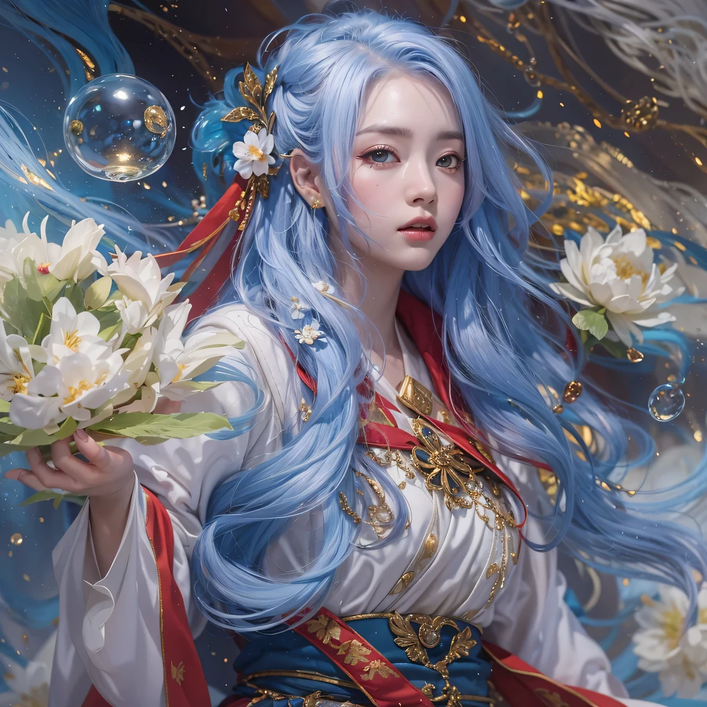 Yellow blue colors,enamel,agate,A flesh-colored world,Blood Blue Maiden 32k(masterpiece,HD,Aoyama Pond,Ultra high quality,32k)long flowing bright blue hair,blood pool,Ziddink, a color,Grumpy (After greeting), (Linen scarf), fighting stance, looking at the ground, long white hair, Floating bright blue, Fire cloud gold headdress, Chinese long-sleeved gold silk burgundy garment, (Abstract metaverse splash:1.2), White background,Peony flower vitality protector(realistically:1.4),bright purple hair,Smoke on the road,The background is very pure, high resolution, detail, RAW photos, Sharp Re, Nikon D850 film photo by Jefferies Lee 4 Kodak Portra 400 camera F1.6 guns, colorful, Ultra-realistic and vivid textures, dramatic lighting, Unreal Engine Art Station Trend, Sinest 800,一个有着long flowing bright blue hair的女孩,huge colorful bubbles