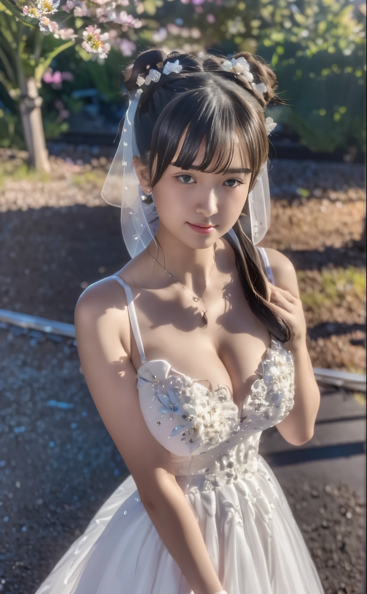 (((Pixel perfect, Perfect details))), alone, 1 girl, keke tang,  Close-up of beautiful bride wearing beautiful wedding dress,Gurwitz, (bridal veil:1.5），（transparent short veil：1.5），blush，eye shadow，Blushing face，Head flower，headgear，bouquet，（tube top wedding dress：1.5），（silk dress：1.2）,（strapless wedding dress：1.5）,pure white dress，necklace，earrings，(large breasts:1.3)，Bangs，lipstick，（White long elbow gloves：1.4）,whole body照,High-detail RAW color art,White long skirt，whole body，(standing on the railroad tracks:1.3),18 years old, （long twintails：1.5）,(double bun:1.5), black hair