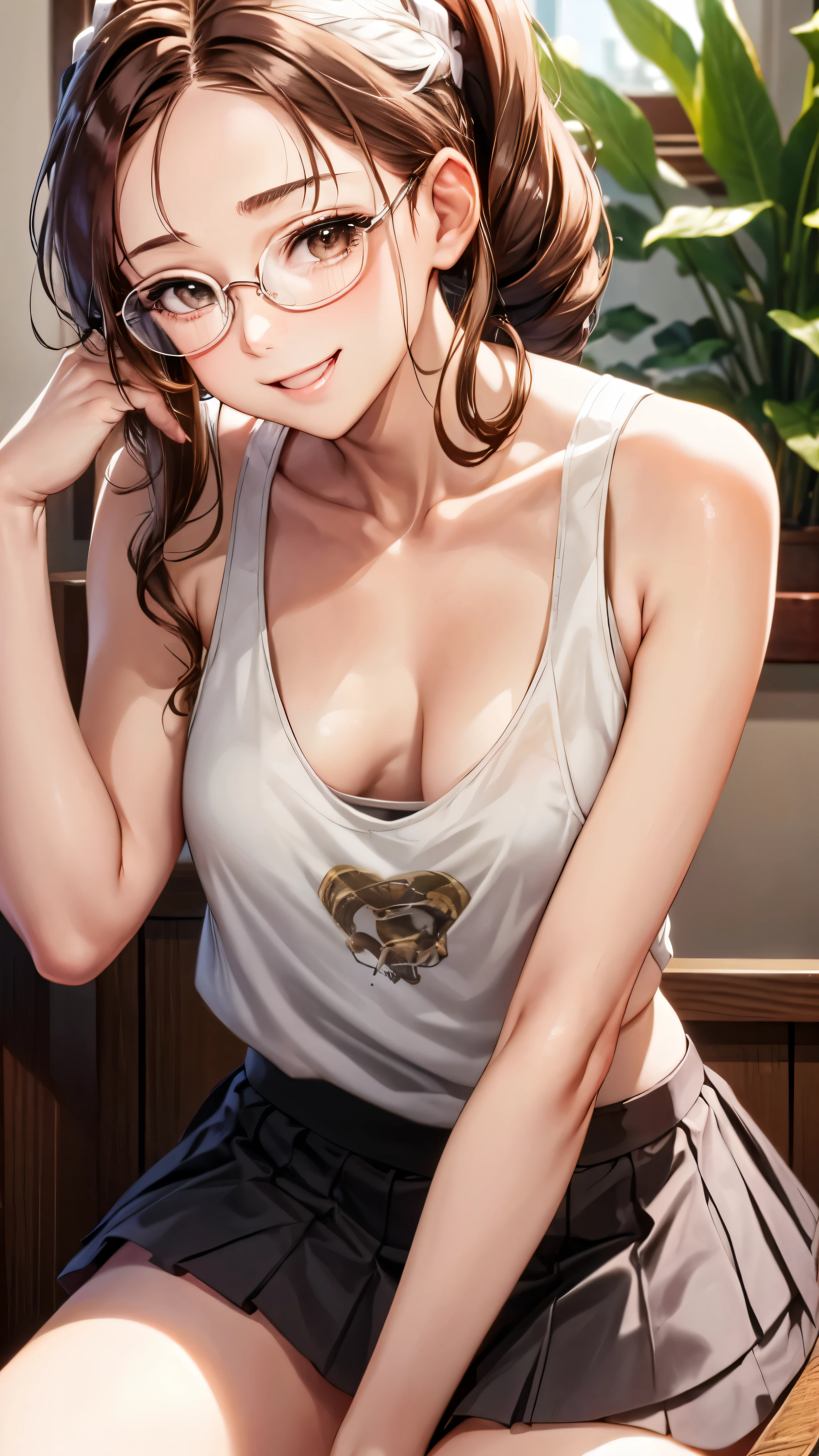 1 female,************,brown hair,beautiful low ponytail hairstyle, (miniskirt and big white tank top, (), , natural smile,,frameless eyeglasses,(((leaning forward)))