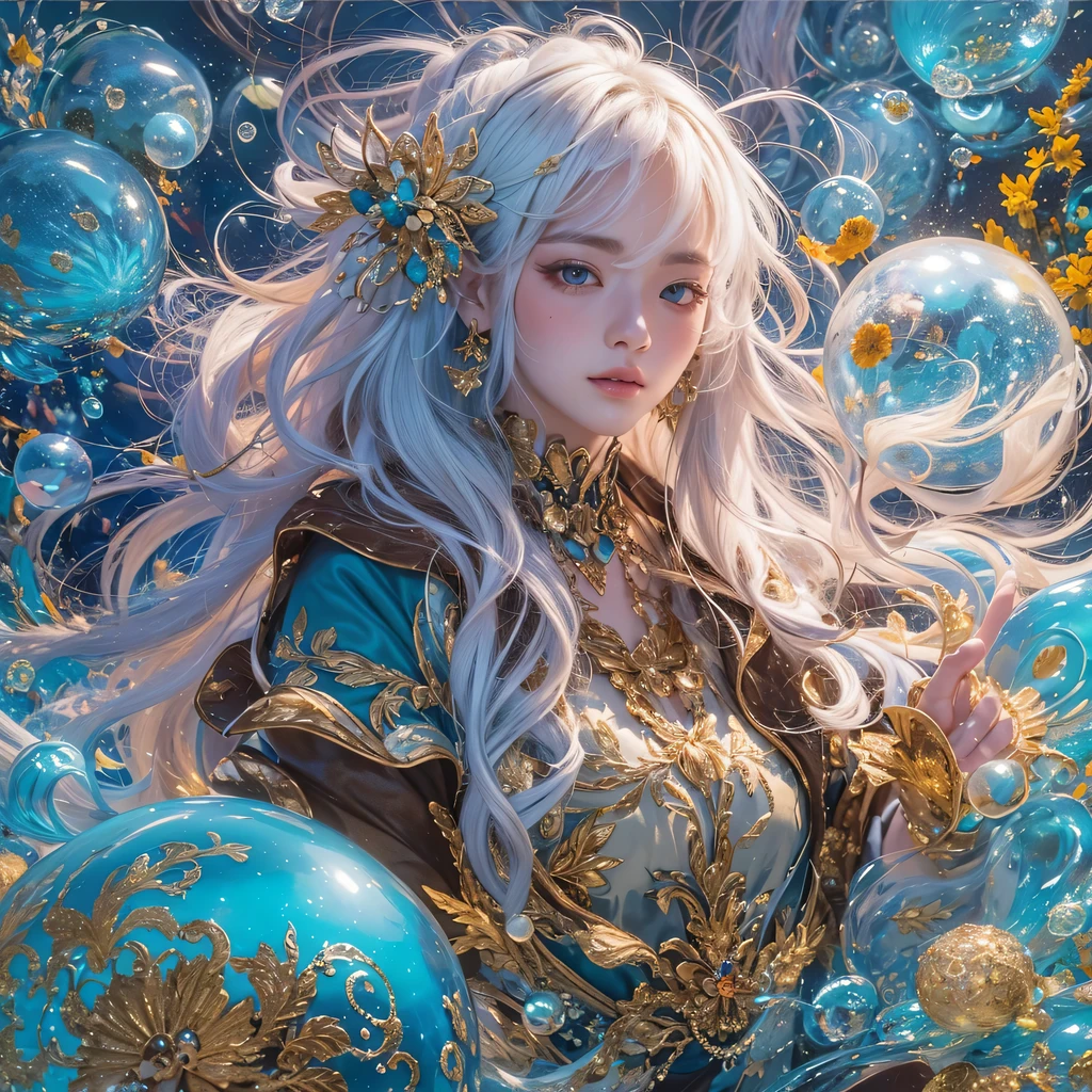 Egg system, blue,enamel,agate,A flesh-colored world,Blood Blue Maiden 32k(masterpiece,HD,Aoyama Pond,Ultra high quality,32k)long flowing bright blue hair,blood pool,Ziddink, a color,Grumpy (After greeting), (Linen scarf), fighting stance, looking at the ground, long white hair, Floating bright blue, Fire cloud gold headdress, Chinese long-sleeved gold silk burgundy garment, (Abstract metaverse splash:1.2), White background,Peony flower vitality protector(realistically:1.4),bright purple hair,Smoke on the road,The background is very pure, high resolution, detail, RAW photos, Sharp Re, Nikon D850 film photo by Jefferies Lee 4 Kodak Portra 400 camera F1.6 guns, colorful, Ultra-realistic and vivid textures, dramatic lighting, Unreal Engine Art Station Trend, Sinest 800,一个有着long flowing bright blue hair的女孩,huge colorful bubbles