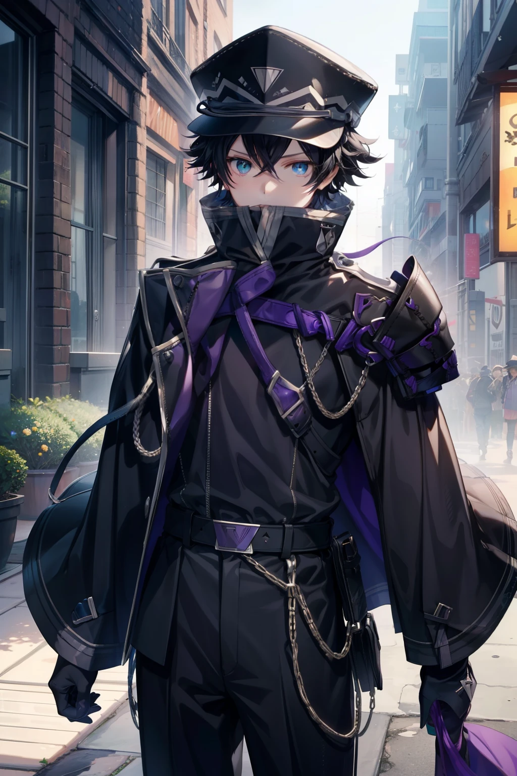 one boy、black hair、Curly hair、light blue eyes、Wear a black hat、black clothes、Place々purple、belt