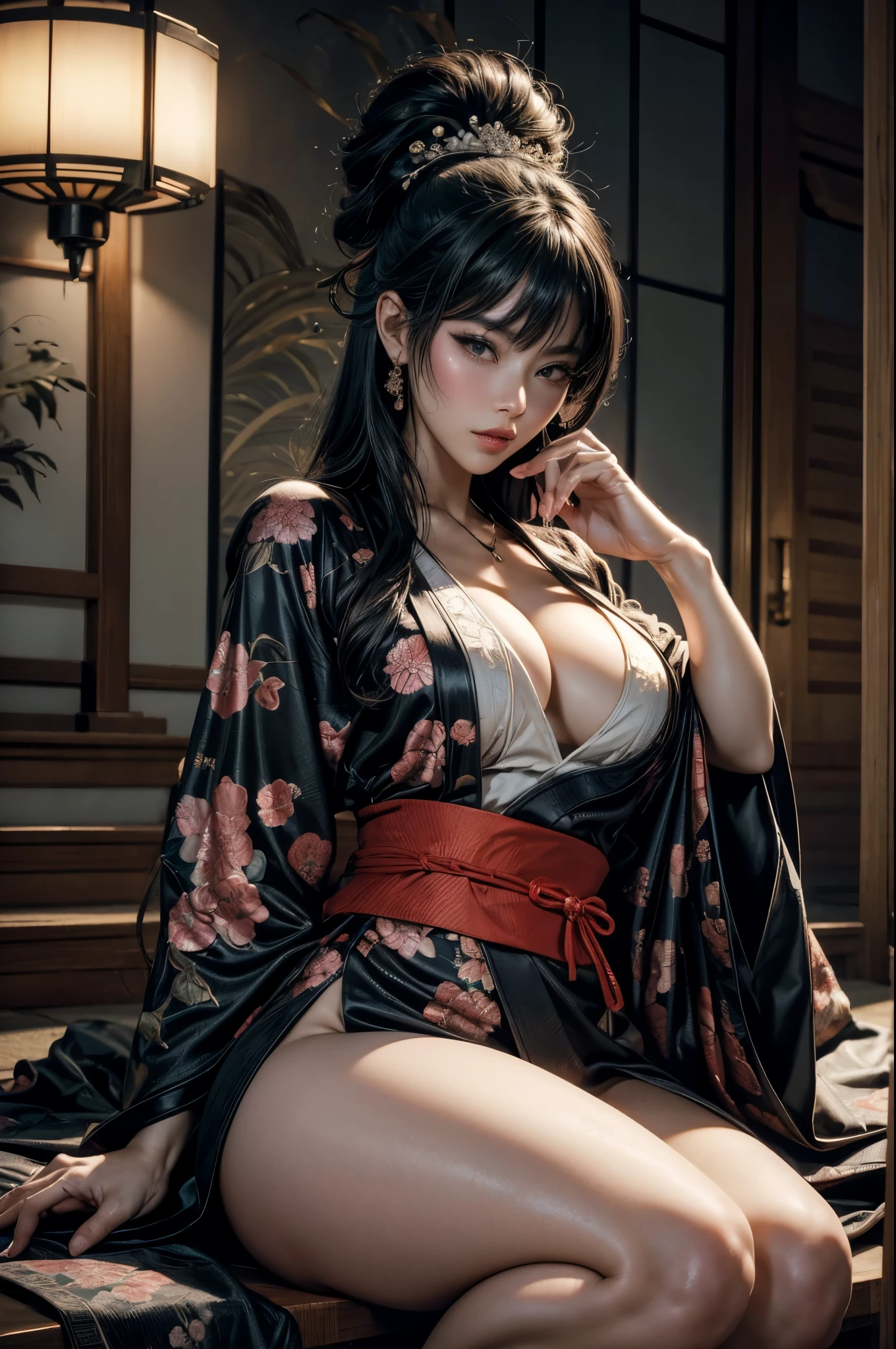 Umalinda warrior sexy, pretty face, Delicious Company, Alluring figure, Wearing a sexy open kimono. The artwork is created in a medium reminiscent of Japanese ink paintings....., 具有大胆的笔触和Monochromatic color palette. artist'Masterful technique reveals the intensity and power of the image'sense of presence,with the highest quality, Perfectly capture every detail with ultra-high resolution. Textures and intricate patterns on kimonos are rendered with extreme precision. Lighting is carefully designed,Enhance drama, Features deep shadows and subtle highlights. General, The artwork exudes elegance and power, Combining traditional Japanese aesthetics with a modern feel. Monochromatic color palette, Combine details, Create captivating and immersive experiences for your audience.