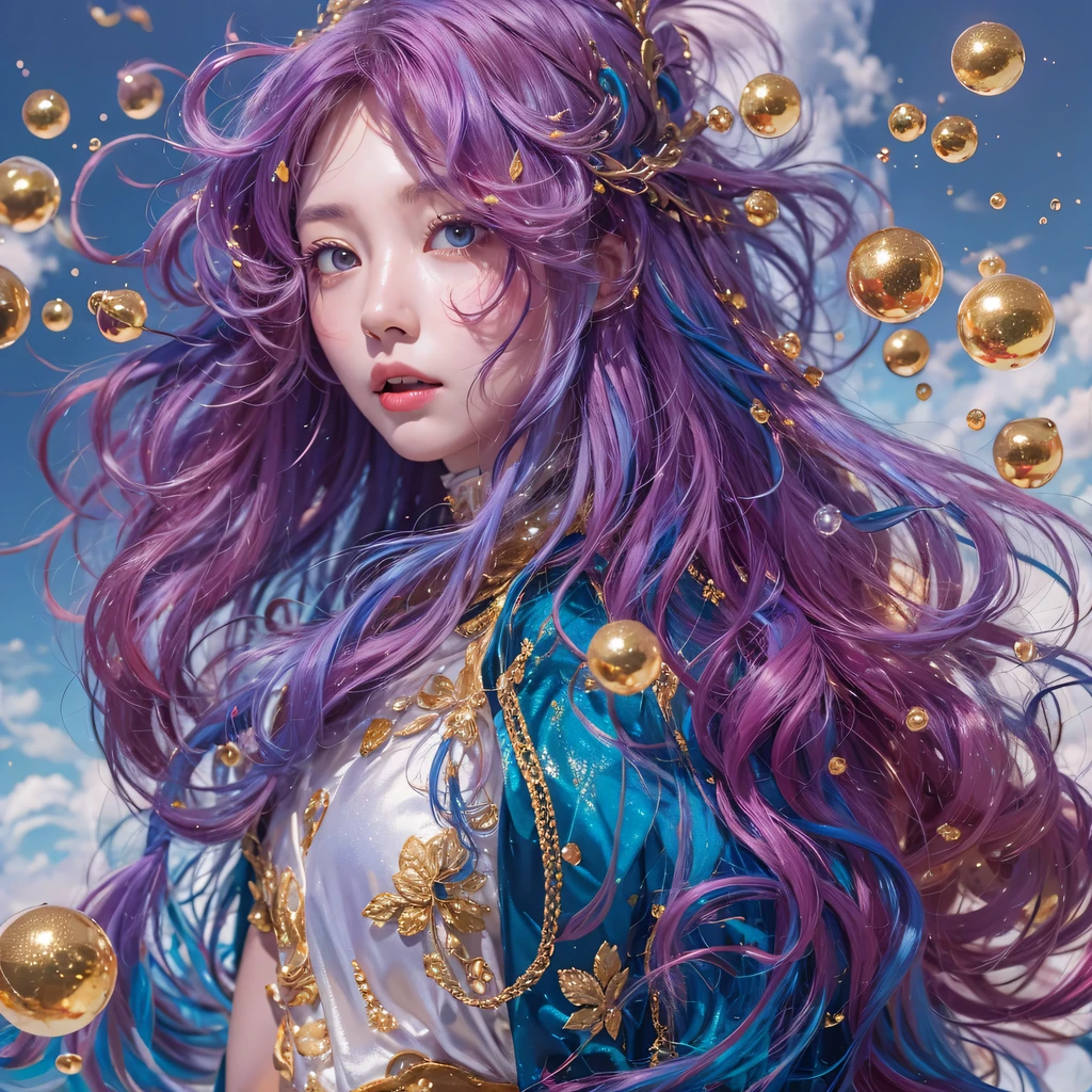 Yellow blue colors，enamel，agate，A flesh-colored world，Blood Blue Maiden 32k（masterpiece，HD，Aoyama Pond，Ultra high quality，32k）long flowing bright blue hair，blood pool，Ziddink， a color，Grumpy （After greeting）， （Linen scarf）， fighting stance， looking at the ground， long white hair， Floating bright blue， Fire cloud gold headdress， Chinese long-sleeved gold silk burgundy garment， （Abstract metaverse splash：1.2）， White background，Peony flower vitality protector（realistically：1.4），bright purple hair，Smoke on the road，The background is very pure， high resolution， detail， RAW photos， Sharp Re， Nikon D850 film photo by Jefferies Lee 4 Kodak Portra 400 camera F1.6 guns, colorful, Ultra-realistic and vivid textures, dramatic lighting, Unreal Engine Art Station Trend, Sinest 800，一个有着long flowing bright blue hair的女孩，huge colorful bubbles