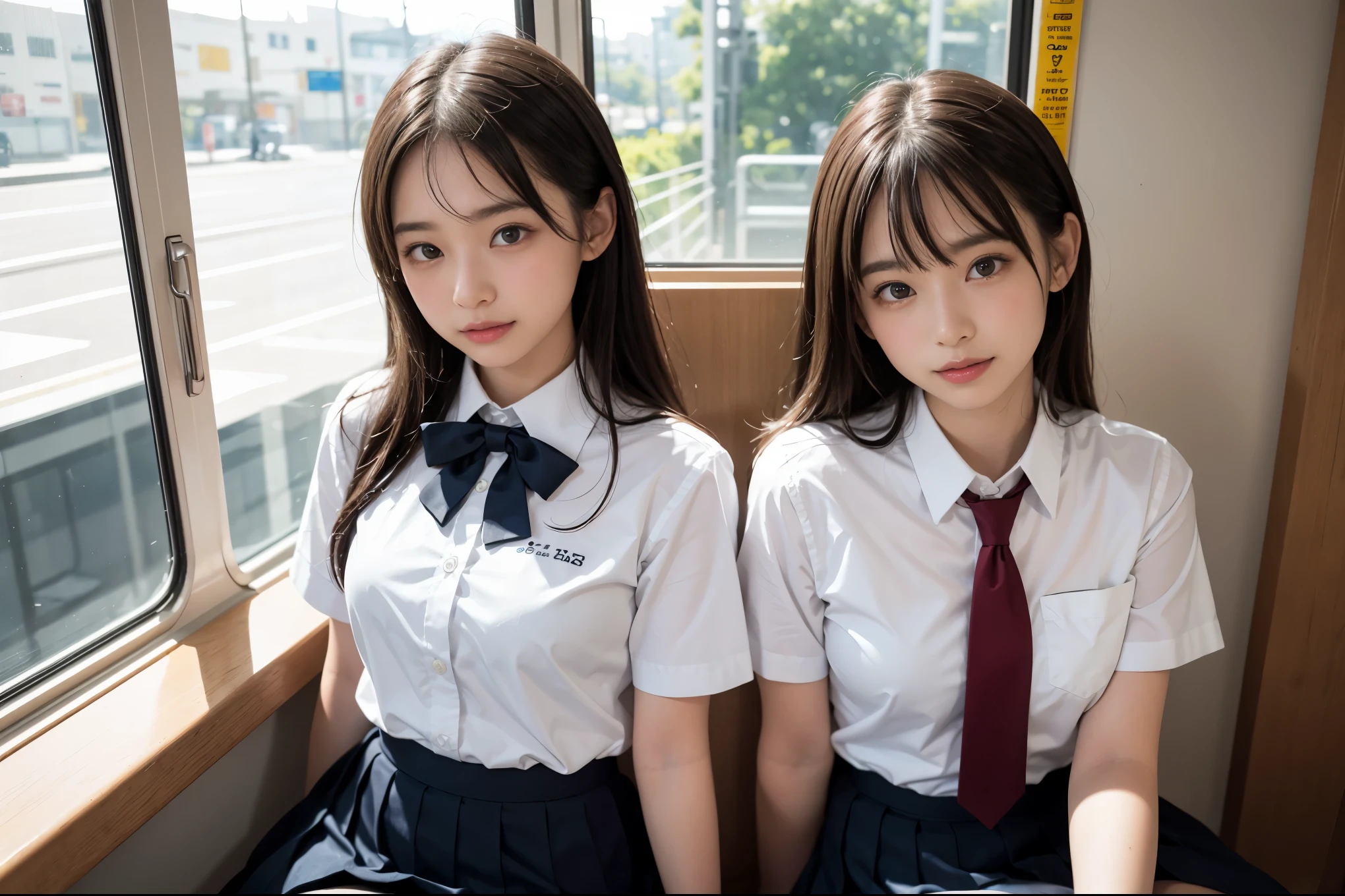 (masterpiece, highest quality:1.2), 8K, 15 years, 85mm, official art, RAW photo, disorganized, white dress shirt, pure,cute, close, Upper body, violaces, gardenia, beautiful girl, school uniform, (navy pleated skirt:1.1), cinch waist, thighs, short sleeve, Inside the train, sitting on the bench seat, looking at the viewer, no makeup, (smile:1.2), film grain, chromatic aberration, sharp focus, face light, clear lighting, Ten generations, detailed face, background bokeh, (dark red tie:1.1)