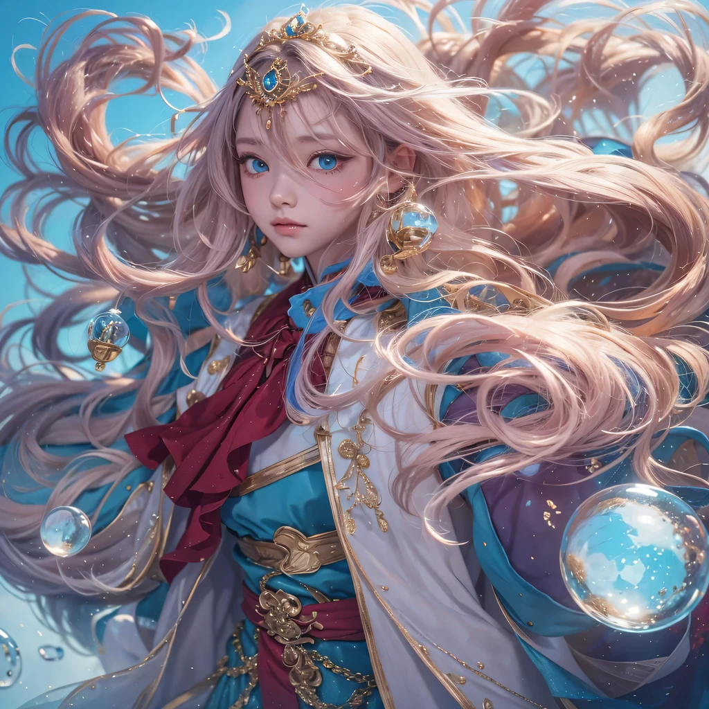 Yellow blue colors,enamel,agate,A flesh-colored world,Blood Blue Maiden 32k(masterpiece,HD,Aoyama Pond,Ultra high quality,32k)long flowing bright blue hair,blood pool,Ziddink, a color,Grumpy (After greeting), (Linen scarf), fighting stance, looking at the ground, long white hair, Floating bright blue, Fire cloud gold headdress, Chinese long-sleeved gold silk burgundy garment, (Abstract metaverse splash:1.2), White background,Peony flower vitality protector(realistically:1.4),bright purple hair,Smoke on the road,The background is very pure, high resolution, detail, RAW photos, Sharp Re, Nikon D850 film photo by Jefferies Lee 4 Kodak Portra 400 camera F1.6 guns, colorful, Ultra-realistic and vivid textures, dramatic lighting, Unreal Engine Art Station Trend, Sinest 800,一个有着long flowing bright blue hair的女孩,huge colorful bubbles