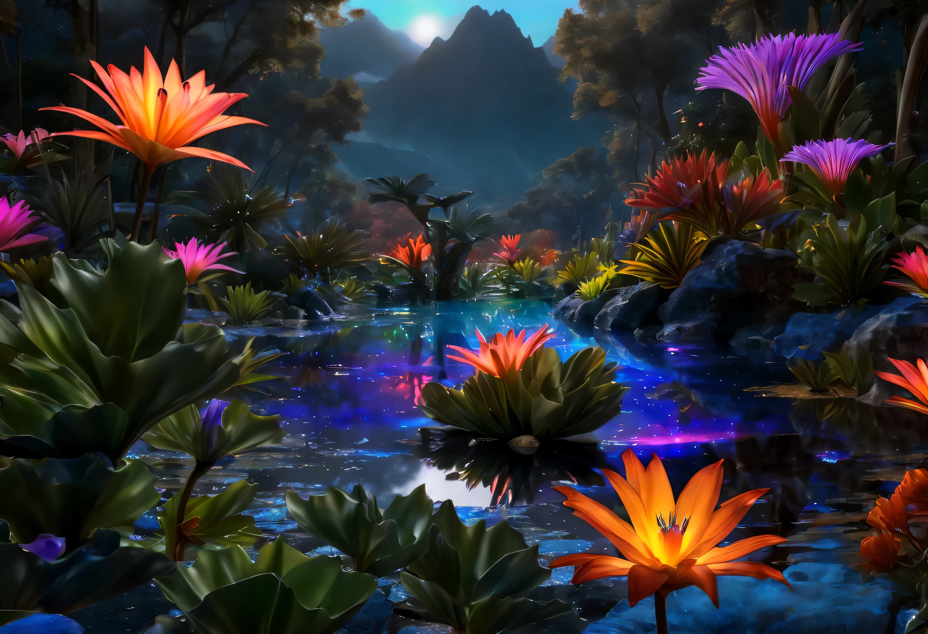 (mejor calidad, Maestro de la paz: 1.3), (hiperdetallado, color hiperrealista: 1.5), A cosmic garden of exotic flora and surreal mountains... At night the landscape is illuminated by bioluminescence.., perfect composition, Better exposure, (golden ratio: 1.2), 8K, HDR, Dramatic, cinematic lighting, tendencia en artstation, tendencia en la sociedad cg, Professional oil painting, Inmenso detalle, pintado como un pintor profesional