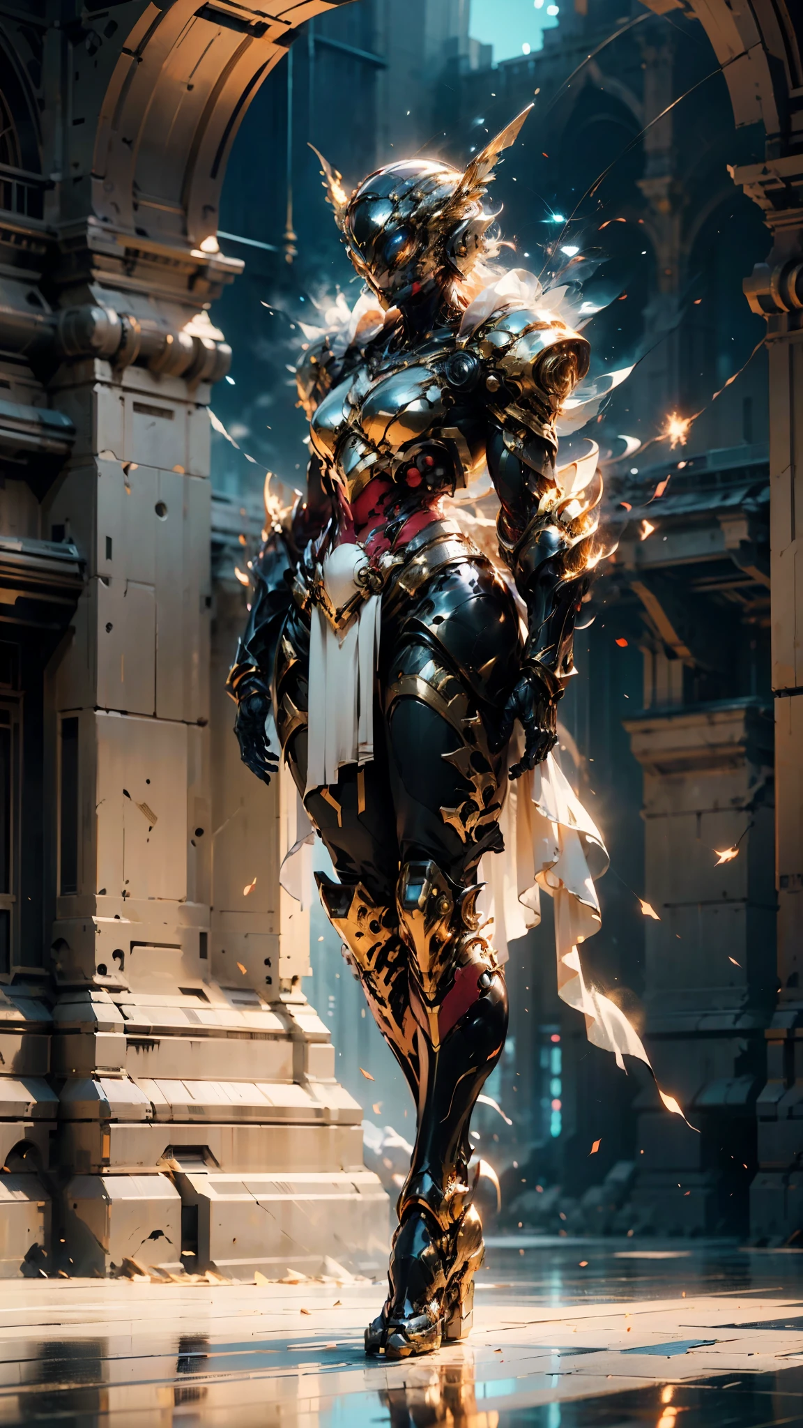 A woman adorned in fantasy-style full-body armor, a crown-concept fully enclosed helmet that unveils only her eyes, a composite layered chest plate, fully encompassing shoulder and hand guards, a lightweight waist armor, form-fitting shin guards, the overall design is heavy-duty yet flexible, (the armor gleams with a golden glow, complemented by red and blue accents), exhibiting a noble aura, she floats above a fantasy-surreal high-tech city, this character embodies a finely crafted fantasy-surreal style armored hero in anime style, exquisite and mature manga art style, (mixture of Queen bee and Spider concept Armor, plasma), ((Element, elegant, goddess, femminine:1.5)), metallic, high definition, best quality, highres, ultra-detailed, ultra-fine painting, extremely delicate, professional, anatomically correct, symmetrical face, extremely detailed eyes and face, high quality eyes, creativity, RAW photo, UHD, 32k, Natural light, cinematic lighting, masterpiece-anatomy-perfect, masterpiece:1.5