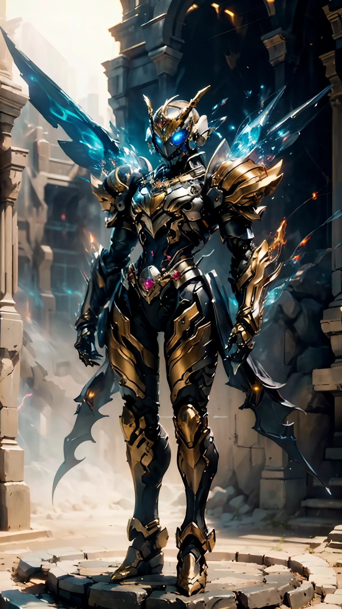 A woman adorned in fantasy-style full-body armor, a crown-concept fully enclosed helmet that unveils only her eyes, a composite layered chest plate, fully encompassing shoulder and hand guards, a lightweight waist armor, form-fitting shin guards, the overall design is heavy-duty yet flexible, (the armor gleams with a golden glow, complemented by red and blue accents), exhibiting a noble aura, she floats above a fantasy-surreal high-tech city, this character embodies a finely crafted fantasy-surreal style armored hero in anime style, exquisite and mature manga art style, (mixture of Queen bee and Spider concept Armor, plasma), ((Element, elegant, goddess, femminine:1.5)), metallic, high definition, best quality, highres, ultra-detailed, ultra-fine painting, extremely delicate, professional, anatomically correct, symmetrical face, extremely detailed eyes and face, high quality eyes, creativity, RAW photo, UHD, 32k, Natural light, cinematic lighting, masterpiece-anatomy-perfect, masterpiece:1.5