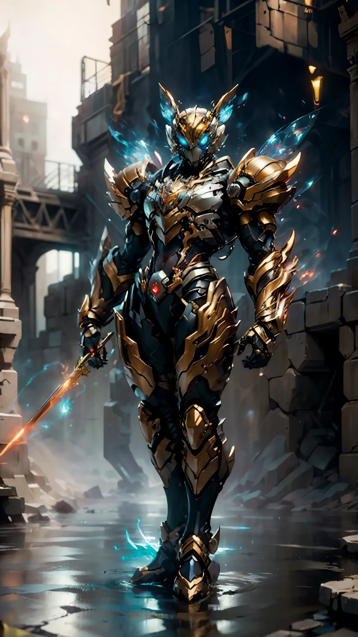 A woman adorned in fantasy-style full-body armor, a crown-concept fully enclosed helmet that unveils only her eyes, a composite layered chest plate, fully encompassing shoulder and hand guards, a lightweight waist armor, form-fitting shin guards, the overall design is heavy-duty yet flexible, (the armor gleams with a golden glow, complemented by red and blue accents), exhibiting a noble aura, she floats above a fantasy-surreal high-tech city, this character embodies a finely crafted fantasy-surreal style armored hero in anime style, exquisite and mature manga art style, (mixture of Queen bee and Spider concept Armor, plasma), ((Element, elegant, goddess, femminine:1.5)), metallic, high definition, best quality, highres, ultra-detailed, ultra-fine painting, extremely delicate, professional, anatomically correct, symmetrical face, extremely detailed eyes and face, high quality eyes, creativity, RAW photo, UHD, 32k, Natural light, cinematic lighting, masterpiece-anatomy-perfect, masterpiece:1.5