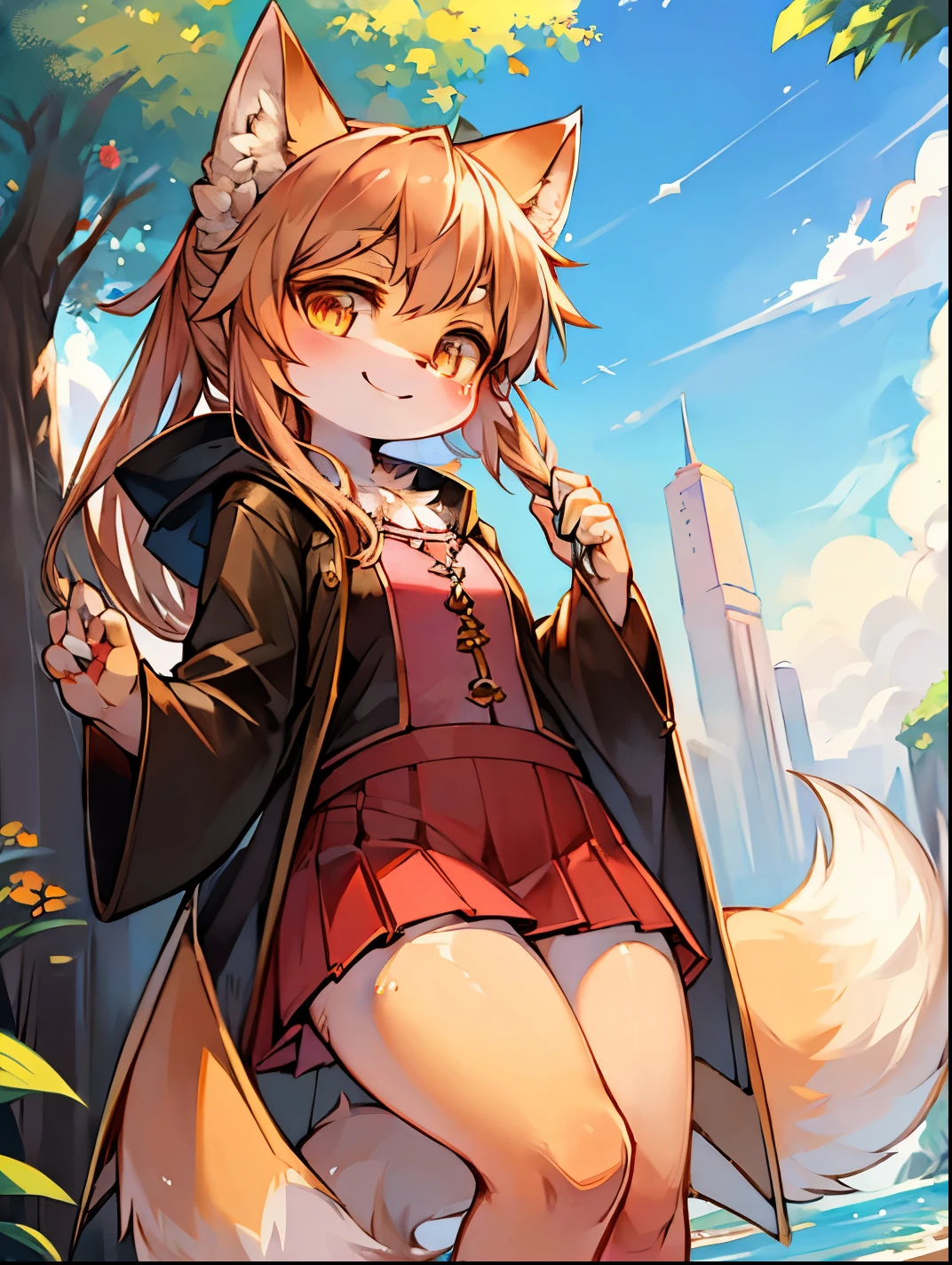 Panoramic outdoor views，fox girl，female focus，Furry Shota，Bright Eyes，Height 1.6 meters，summer coat，summer skirt，Smile