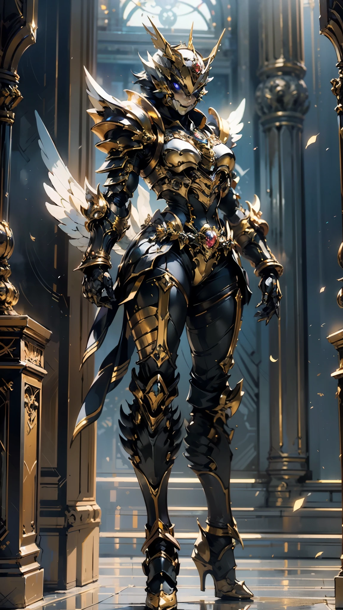 A woman adorned in fantasy-style full-body armor, a crown-concept fully enclosed helmet that unveils only her eyes, a composite layered chest plate, fully encompassing shoulder and hand guards, a lightweight waist armor, form-fitting shin guards, the overall design is heavy-duty yet flexible, (the armor gleams with a golden glow, complemented by red and blue accents), exhibiting a noble aura, she floats above a fantasy-surreal high-tech city, this character embodies a finely crafted fantasy-surreal style armored hero in anime style, exquisite and mature manga art style, (mixture of Queen bee and Spider concept Armor, plasma), ((Element, elegant, goddess, femminine:1.5)), metallic, high definition, best quality, highres, ultra-detailed, ultra-fine painting, extremely delicate, professional, anatomically correct, symmetrical face, extremely detailed eyes and face, high quality eyes, creativity, RAW photo, UHD, 32k, Natural light, cinematic lighting, masterpiece-anatomy-perfect, masterpiece:1.5