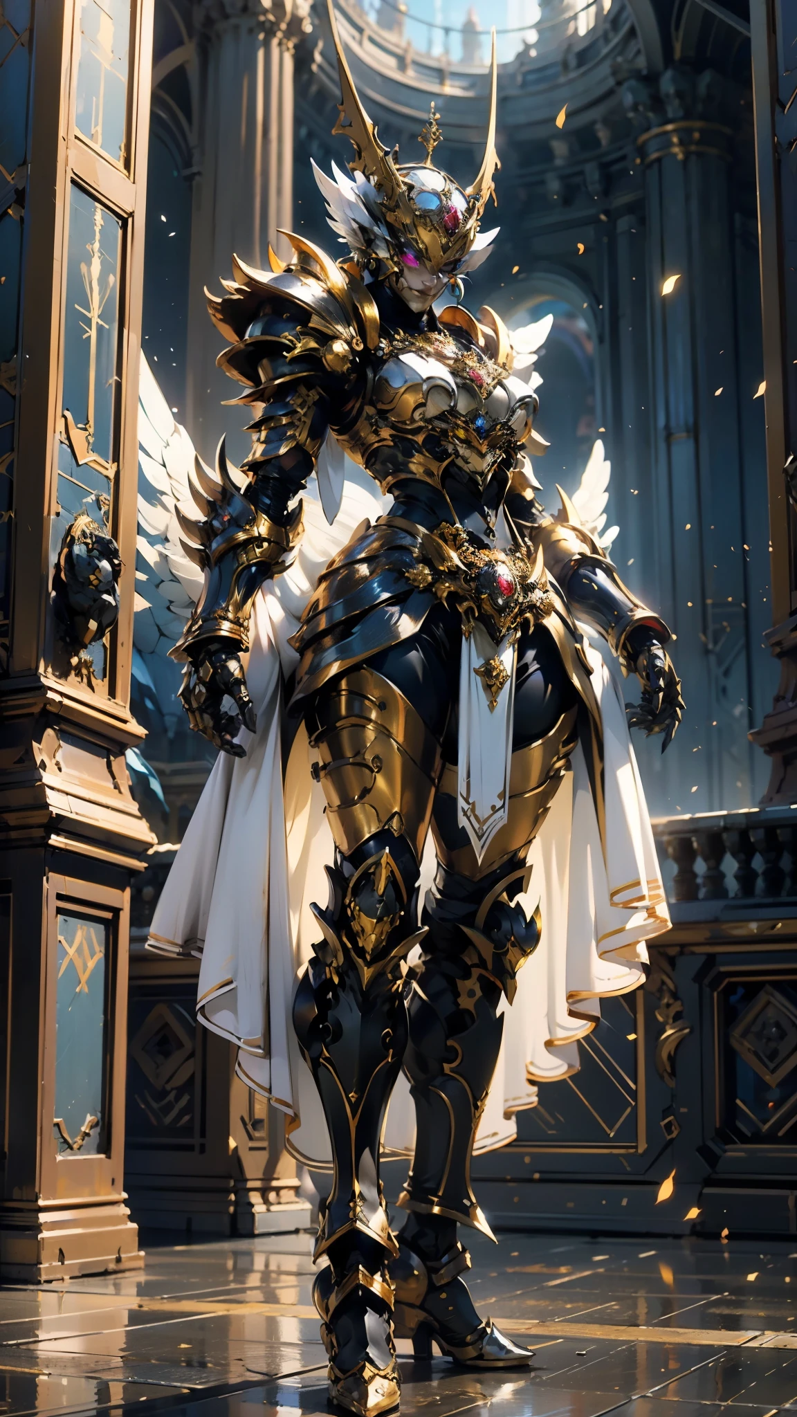 A woman adorned in fantasy-style full-body armor, a crown-concept fully enclosed helmet that unveils only her eyes, a composite layered chest plate, fully encompassing shoulder and hand guards, a lightweight waist armor, form-fitting shin guards, the overall design is heavy-duty yet flexible, (the armor gleams with a golden glow, complemented by red and blue accents), exhibiting a noble aura, she floats above a fantasy-surreal high-tech city, this character embodies a finely crafted fantasy-surreal style armored hero in anime style, exquisite and mature manga art style, (mixture of Queen bee and Spider concept Armor, plasma), ((Element, elegant, goddess, femminine:1.5)), metallic, high definition, best quality, highres, ultra-detailed, ultra-fine painting, extremely delicate, professional, anatomically correct, symmetrical face, extremely detailed eyes and face, high quality eyes, creativity, RAW photo, UHD, 32k, Natural light, cinematic lighting, masterpiece-anatomy-perfect, masterpiece:1.5