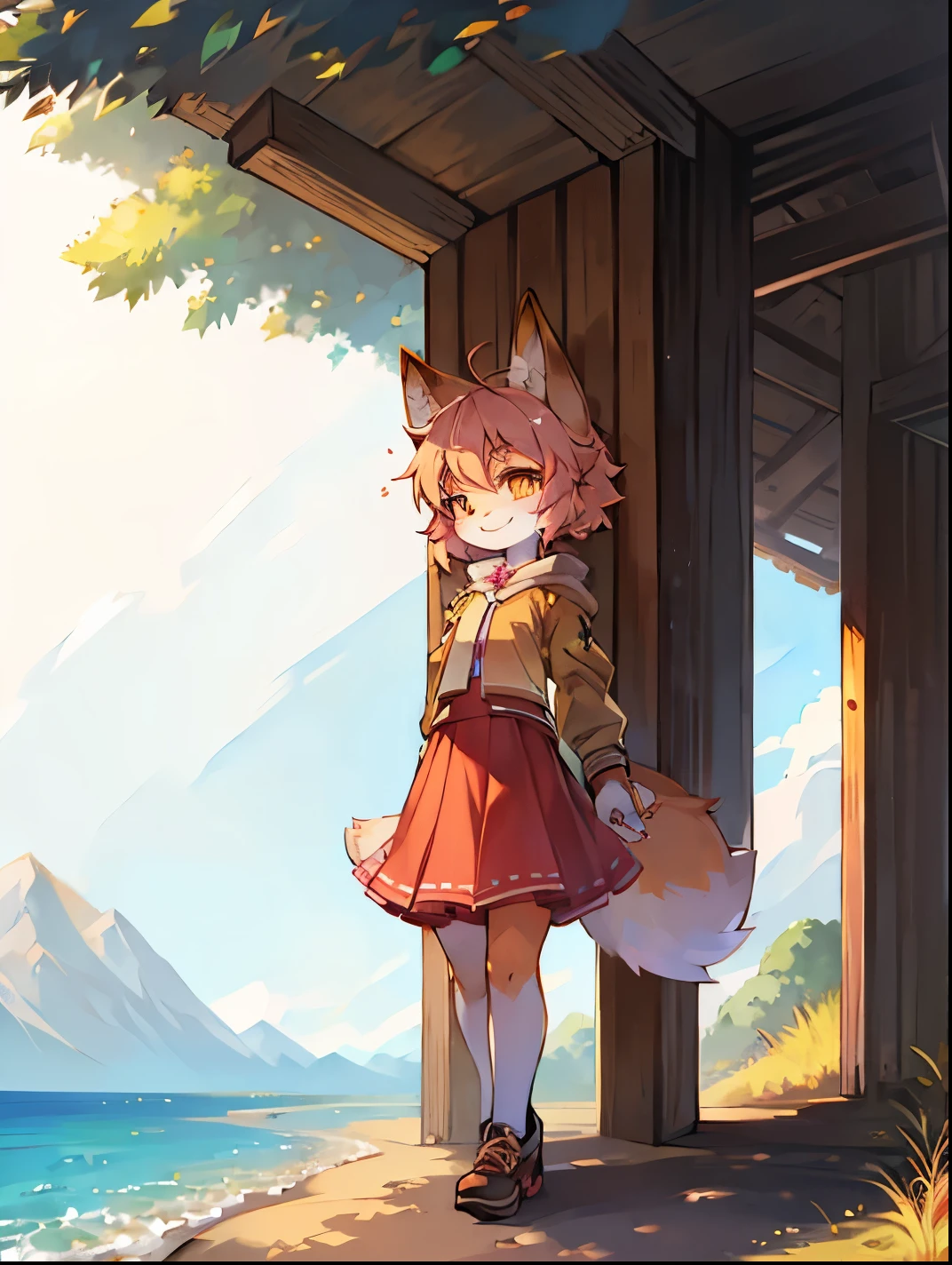 Panoramic outdoor views,fox girl,female focus,Furry Shota,Bright Eyes,Height 1.6 meters,summer coat,summer skirt,Smile