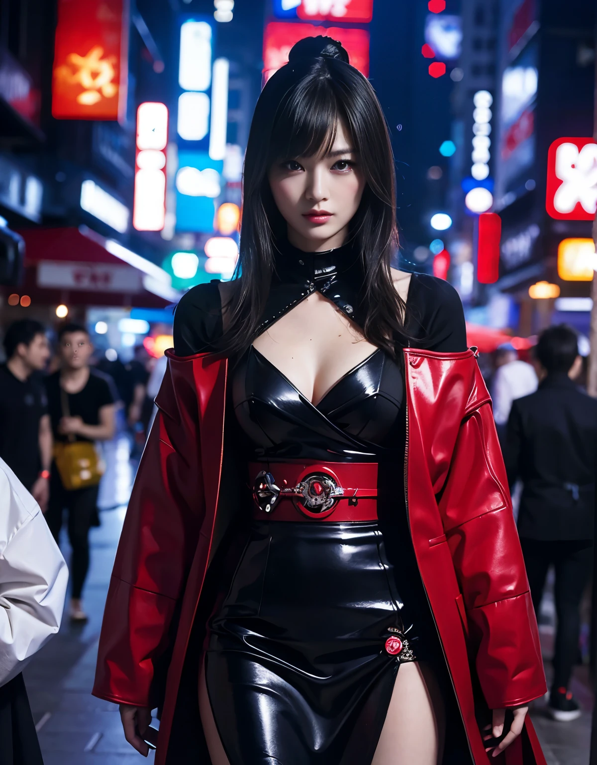JAPANESE cyberpunk glamorous with Wearable Samurai Mempo Oni, sophisticated and sneaky with high-tech clothes and street style in a high-tech club. vibrant digital illustration