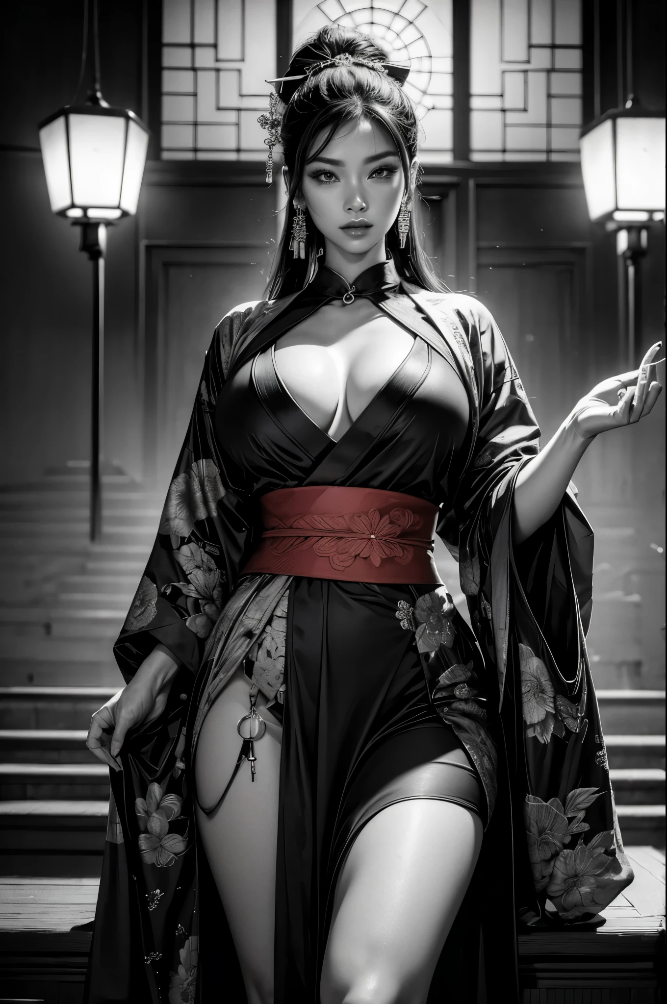 Umalinda warrior sexy, pretty face, Delicious Company, Alluring figure, Wearing a sexy open kimono. The artwork is created in a medium reminiscent of Japanese ink paintings....., 具有大胆的笔触和Monochromatic color palette. artist&#39;Masterful technique reveals the intensity and power of the image&#39;sense of presence，with the highest quality, Perfectly capture every detail with ultra-high resolution. Textures and intricate patterns on kimonos are rendered with extreme precision. Lighting is carefully designed，Enhance drama, Features deep shadows and subtle highlights. General, The artwork exudes elegance and power, Combining traditional Japanese aesthetics with a modern feel. Monochromatic color palette, Combine details, Create captivating and immersive experiences for your audience.