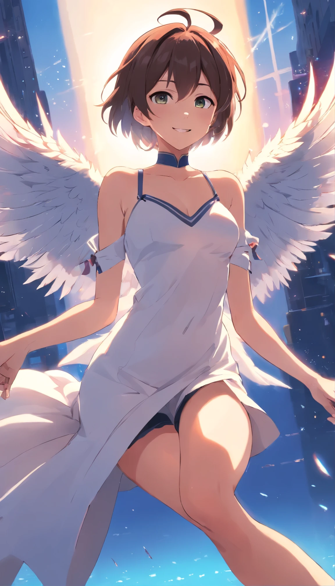 NSFW, master piece, highest quality, High resolution, nice sexy girl, It's the best, half-, Horned Devil, slit pupil, white gloves, white dress, bare shoulders, spread your legs, sit, toes between legs , incredible feelings of joy, removed collar, low cut, jockey, Black wings, feathered wings, low wing, smile