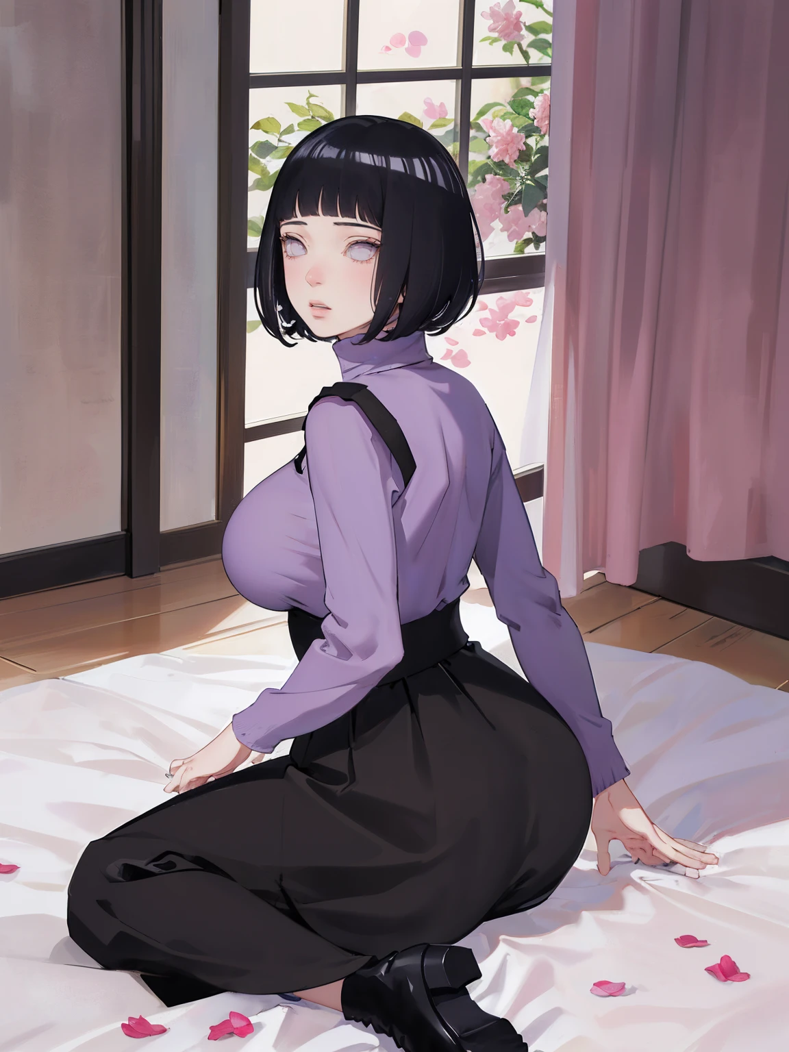 { - anatomy error} (Masterpiece - Ultra-detailed, very high resolution) (huge titusty, masterpiece, absurdres, hinata\(boruto\), 1girl, solo,mature female, lilac turtleneck blouse, high waist black long skirt, looking at viewelling petals), perfect composition, detailed lips, big breast, beautiful face, body propotion, blush, (pink lips), short hair, (black hair), purple eyes, soft gaze, super realistic, detailed, photoshoot, realistic face and body, closed mouth , lilac eyes, full body, sitting on the floor , backwards, looking back, black boots, hidden hands, perfect fingers, inocent face