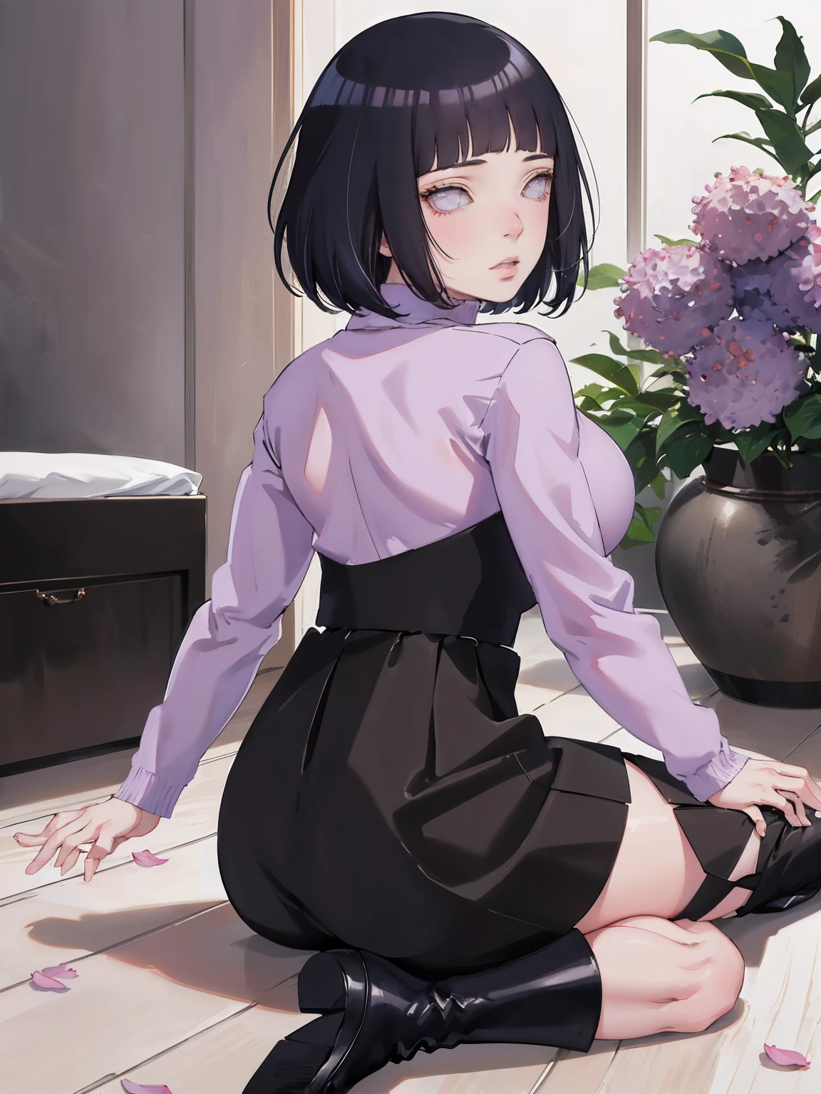 { - anatomy error} (Masterpiece - Ultra-detailed, very high resolution) (huge titusty, masterpiece, absurdres, hinata\(boruto\), 1girl, solo,mature female, lilac turtleneck blouse, high waist black long skirt, looking at viewelling petals), perfect composition, detailed lips, big breast, beautiful face, body propotion, blush, (pink lips), short hair, (black hair), purple eyes, soft gaze, super realistic, detailed, photoshoot, realistic face and body, closed mouth , lilac eyes, full body, sitting on the floor , backwards, looking back, black boots, hidden hands, perfect fingers, inocent face