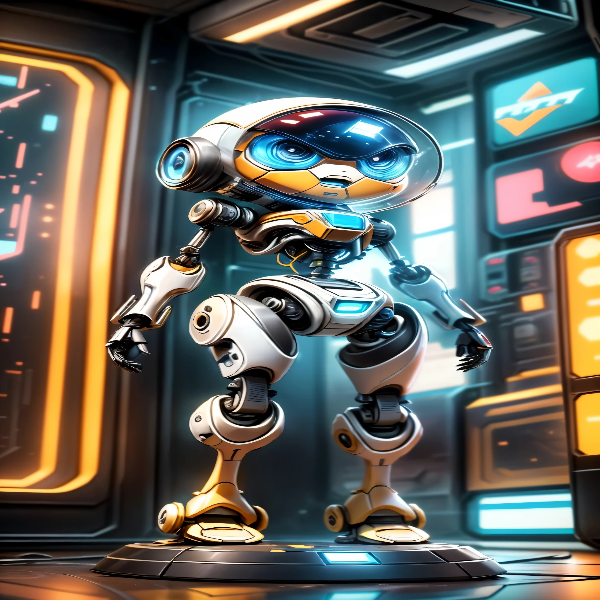 there is a robot that is standing in a room, beautiful robot character design, cute elaborate epic robot, cute robot, robot concept art, futuristic robot, 3 d render stylized, cute cyborg girl, cute humanoid robot, tintoy characterdesign robot, mechanoid, rolands zilvinskis 3d render art, ratchet and clank, portrait of a futuristic robot