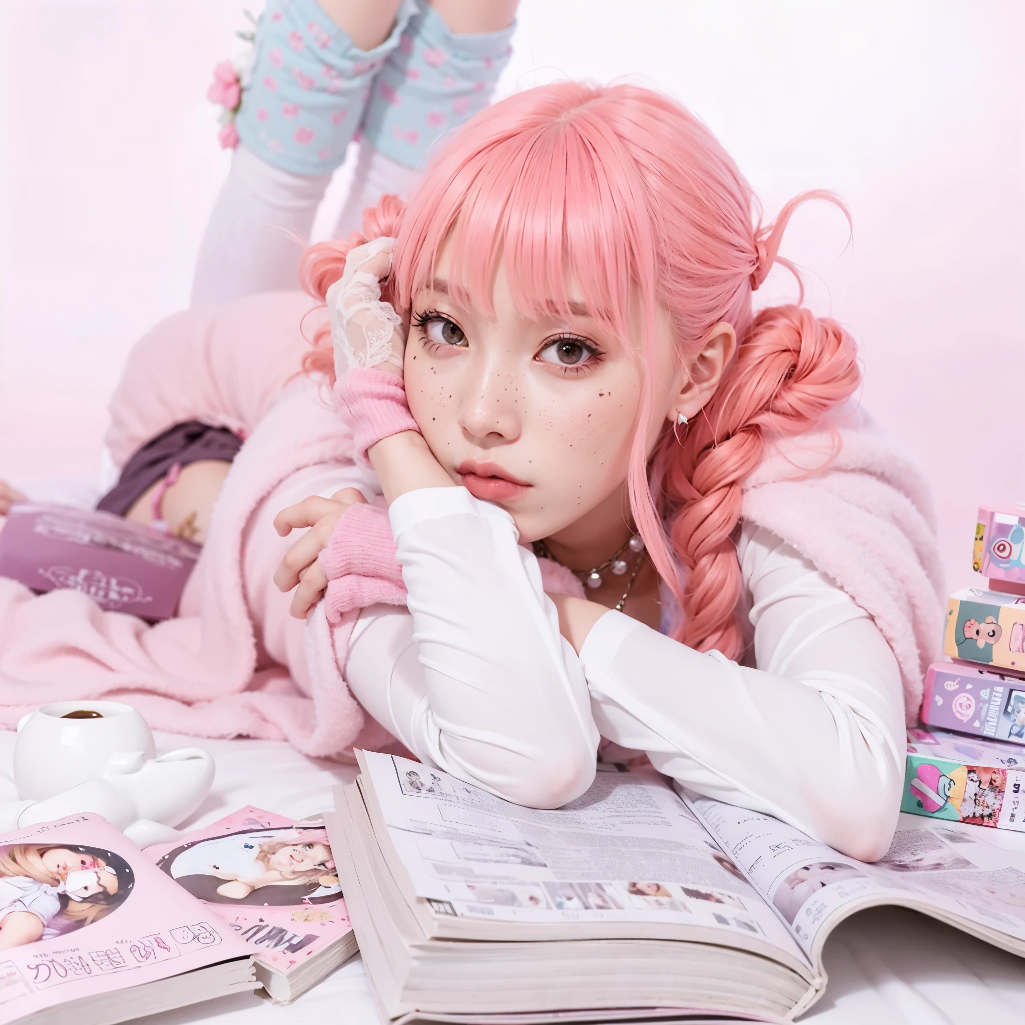 araffe girl con cabello rosado and pink hair laying on a bed with books, Kawaii Aesthetics, bella delfina, con cabello rosado, pastel gothic aesthetic, fairy core, muchacha rosada, contenido descargable, linda chica con pelo corto rosa, decoration-inspired illustrations, lofi girl aesthetic, sakura kinomoto, rosa pastel, Cabello rosado y ojos cian.
