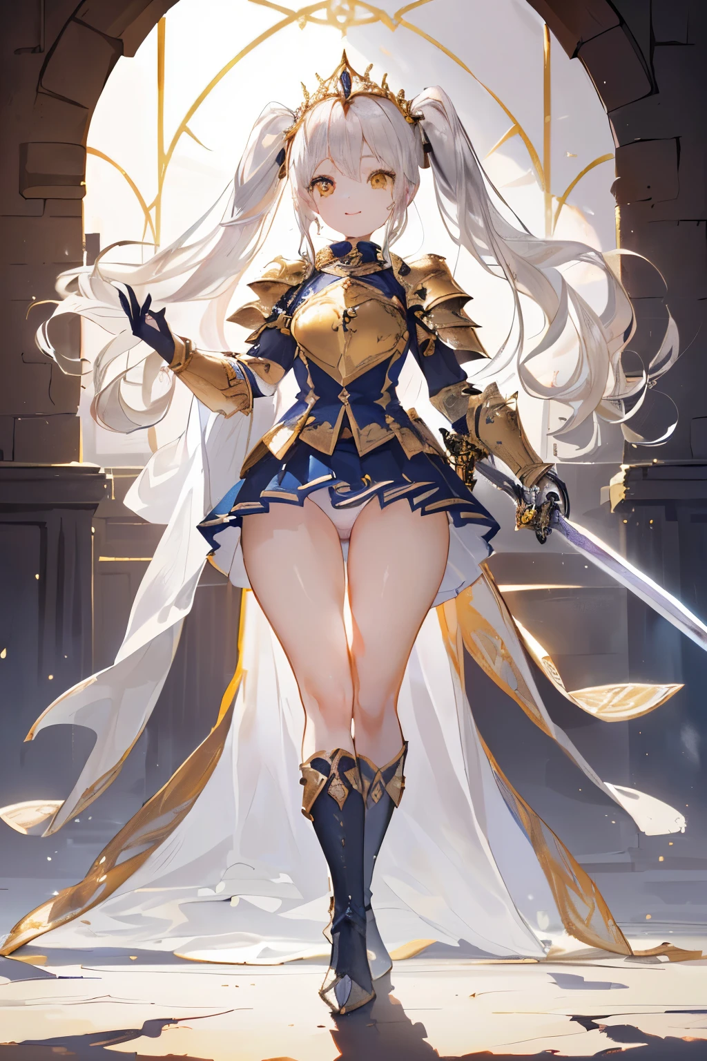 (((1girl))), ((best quality)), ((masterpiece)), ((ultra-detailed)), (illustration), (detailed light), (an extremely delicate and beautiful), (beautiful detailed eyes), (sunlight), ((extremely light)), ((extremely clothes)), (((hyper detail))),(((((front lighting))))),(((((front light))))),
((((quite adorable and armor with a pleated skirt and robe and tiara)))),
((((Grand Master Knight)))),
,
(((high twin pig tails))), ((((white silver hair)))),
(((yellow gold eyes))),
((((whole body)))), aged 5 to 8, ((((())))), ((((very adorable young girl)))),
((condescending expression)), ((mischievous smile with sexual satisfaction)), (((extra adorable))), (((((extra slender shape))))),
(((((extremely beautiful detailed face))))),
(((bravely standing with a long-sword))), (((elegant boots))),
(Dutch angle), (((elegant gloves))), ((transparent magical underskirt)), ((a little bit exposed adorable magical panties))