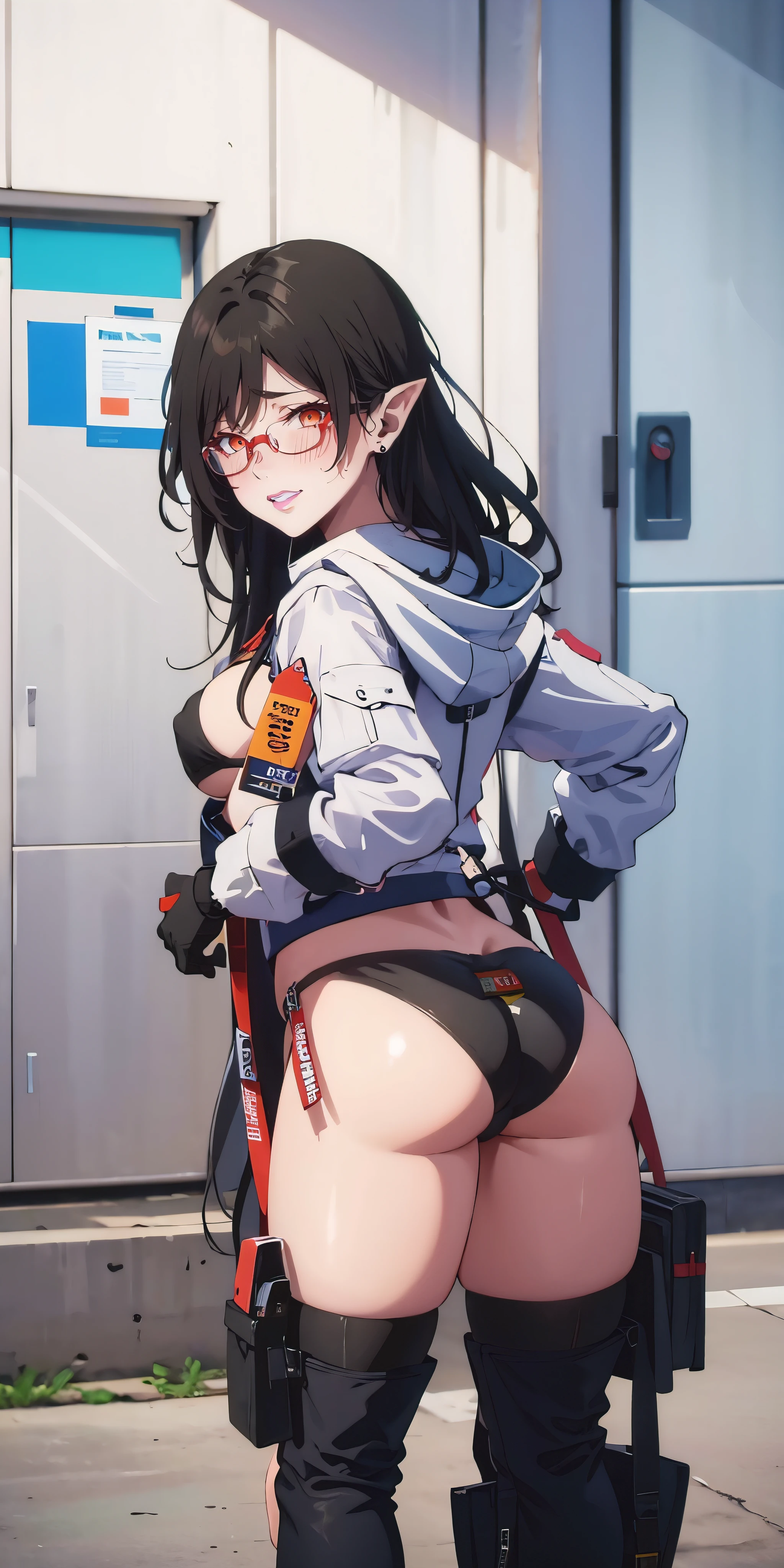 pointy ears, black hair, long hair, glasses, large breasts, 1girl, ass, solo, gloves, looking_back, breasts, looking_at_viewer, black_hair, large_breasts, cropped hoodie, black bikini, long sleeves, id_card, from_behind, earrings, "RAW candid cinema, 16mm, color graded portra 400 film, remarkable color, ultra realistic, textured skin, remarkable detailed pupils, realistic dull skin noise, visible skin detail, skin fuzz, dry skin, shot with cinematic camera",