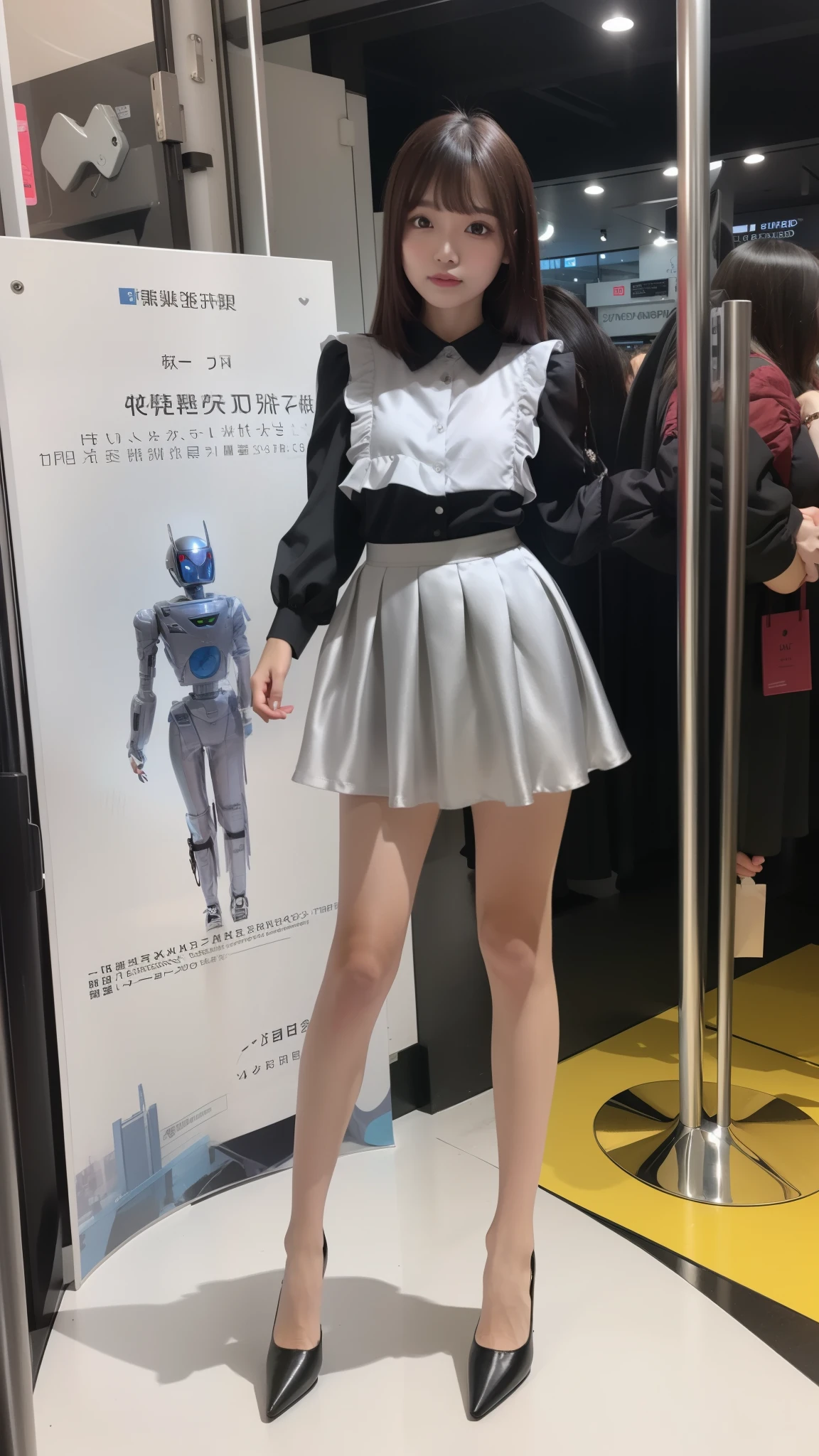 Silver satin ruffled blouse, black skirt