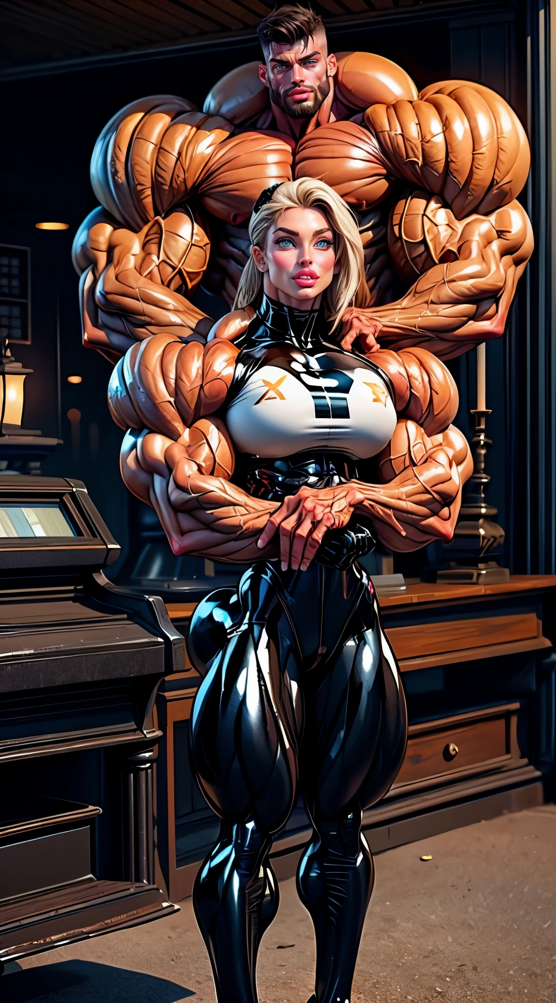(1 girl), (megan fox:1.25), (muscular woman in black latex catsuit with huge muscles :1.25), (covered in black goo), (full body skin tight latex suit:1.25), (smooth glossy black skin:1.25), (glossy latex:1.25), (bulging veins:1.25), (veiny veins:1.25), (full body pose:1.25), white skin, white hair, (perfect anatomy:1.25), (super muscular professional bodybuilder:1.25), (huge muscular arms:1.25), perfect model face, beautiful gorgeous smile, (super muscular physique:1.25), (muscular female bodybuilder:1.25), (huge muscular arms:1.25), (Larger biceps:1.25), large forearms, (((narrow hips))), veins everywhere, thin thighs, (thinner legs), (larger upper body:1.25), (small pecs), muscular chest, small waist, (perfect fingers:1.2), (full body pose), (UHD 8k:1.25), solo female, realistic image, high detail, photo quality, beautiful girl, best quality, ultra-detailed, masterpiece, finely detail, realistic skin texture, 85 mm art lens, f 1.2, sharp focus, 8 k high definition, insanely detailed, intricate,