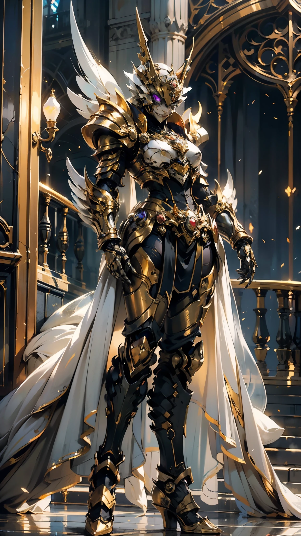 A woman adorned in fantasy-style full-body armor, a crown-concept fully enclosed helmet that unveils only her eyes, a composite layered chest plate, fully encompassing shoulder and hand guards, a lightweight waist armor, form-fitting shin guards, the overall design is heavy-duty yet flexible, (the armor gleams with a golden glow, complemented by red and blue accents), exhibiting a noble aura, she floats above a fantasy-surreal high-tech city, this character embodies a finely crafted fantasy-surreal style armored hero in anime style, exquisite and mature manga art style, (mixture of Queen bee and Spider concept Armor, plasma), ((Element, elegant, goddess, femminine:1.5)), metallic, high definition, best quality, highres, ultra-detailed, ultra-fine painting, extremely delicate, professional, anatomically correct, symmetrical face, extremely detailed eyes and face, high quality eyes, creativity, RAW photo, UHD, 32k, Natural light, cinematic lighting, masterpiece-anatomy-perfect, masterpiece:1.5