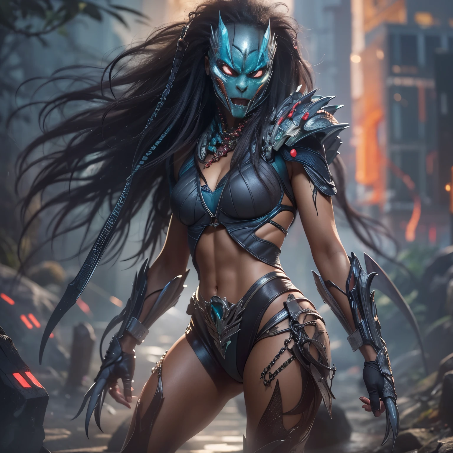 1 female alien, The predator, warrior, (extremely beautiful:1.2), (intense gaze:1.6), (predator:1.6), long dark claws, NSFW,  nipples, thick eyebrows, glowing and shining blue eyes, the most beautiful face in the universe, ((There is a female genital-like organ in the middle of her forehead:1.1)),

A woman with an extremely beautiful face, her intense gaze fixed on her prey, a primal force that could not be denied.

(extreamly beautiful lean body:1.5), (ultra muscular build:1.2), (prowling:1.3), (sleek movements:1.4),

Her beautiful body, muscular and toned, moved with sleek grace as she prowled, ready to strike at a moment's notice. The predator within her was always on