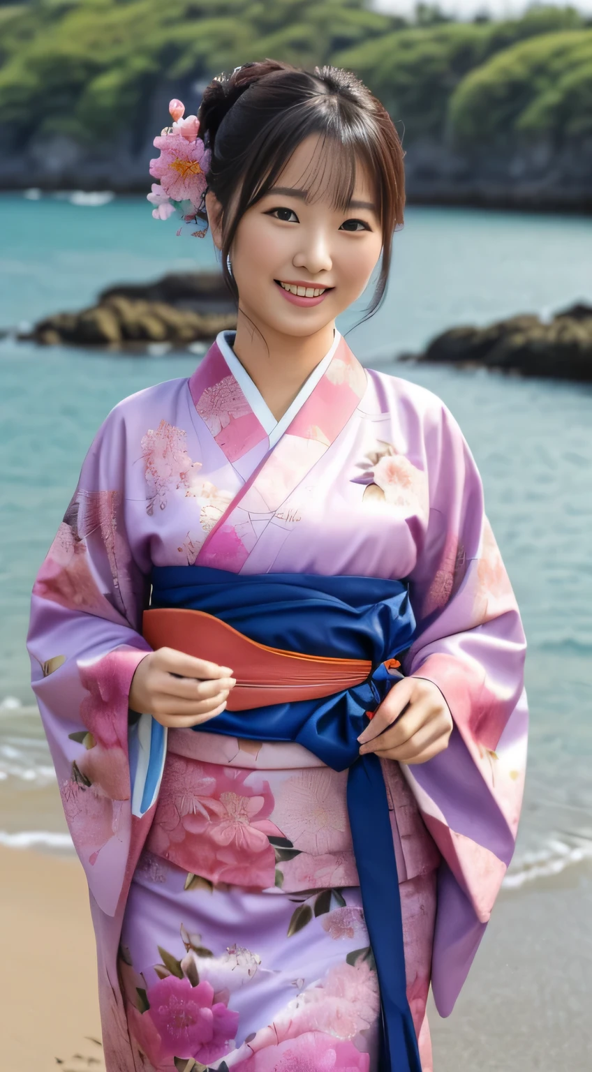 (Beautiful woman in kimono) (masterpiece)、(((((Highest image quality))、((High resolution))、((High-definition CG Unity 8k Wallpapers))、solo,
A beautiful woman is depicted in a pink floral kimono, accentuated by a blue belt. The scene unfolds outdoors, with a lively area on the coast serving as the background. The image showcases intricately detailed facial features, including chestnut hair, and the woman smiles delightfully at the camera in high resolution.