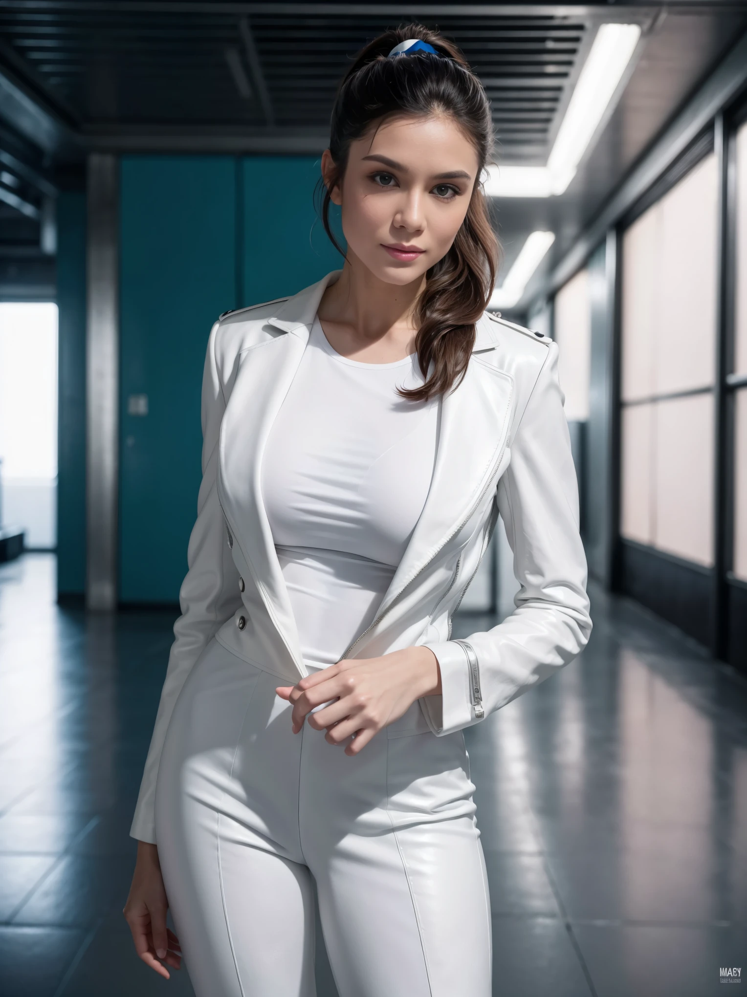 From below, full body shot of a gorgeous brunette woman black ponytail hair, age 23, nice hair style, she's a men magazine model, She has a subtle smile and flirts with the camera, (she’s in the street of a futuristic cyberpunk city with snow), (she’s wears a white "Nurse Outfit" leather suit covering her chest:1.2), perfect eyes, perfect hands, perfect body, ((perfect hair)), perfect breast, hair behind ear, UHD, retina, masterpiece, accurate, anatomically correct, textured skin, super detail, high details, high quality, award winning, best quality, highres, 16k, 8k, cinematic lighting