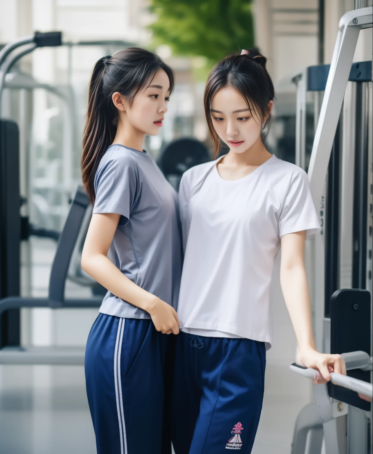 3 girls in fitness center, Blue short-sleeved shirt,Sweatpantsขายาวสีกรมท่า,Sweatpants, Sweatpantsขายาว,25 year old girl, lesbian, sexy, exercise clothes, wet body, exercise clothes