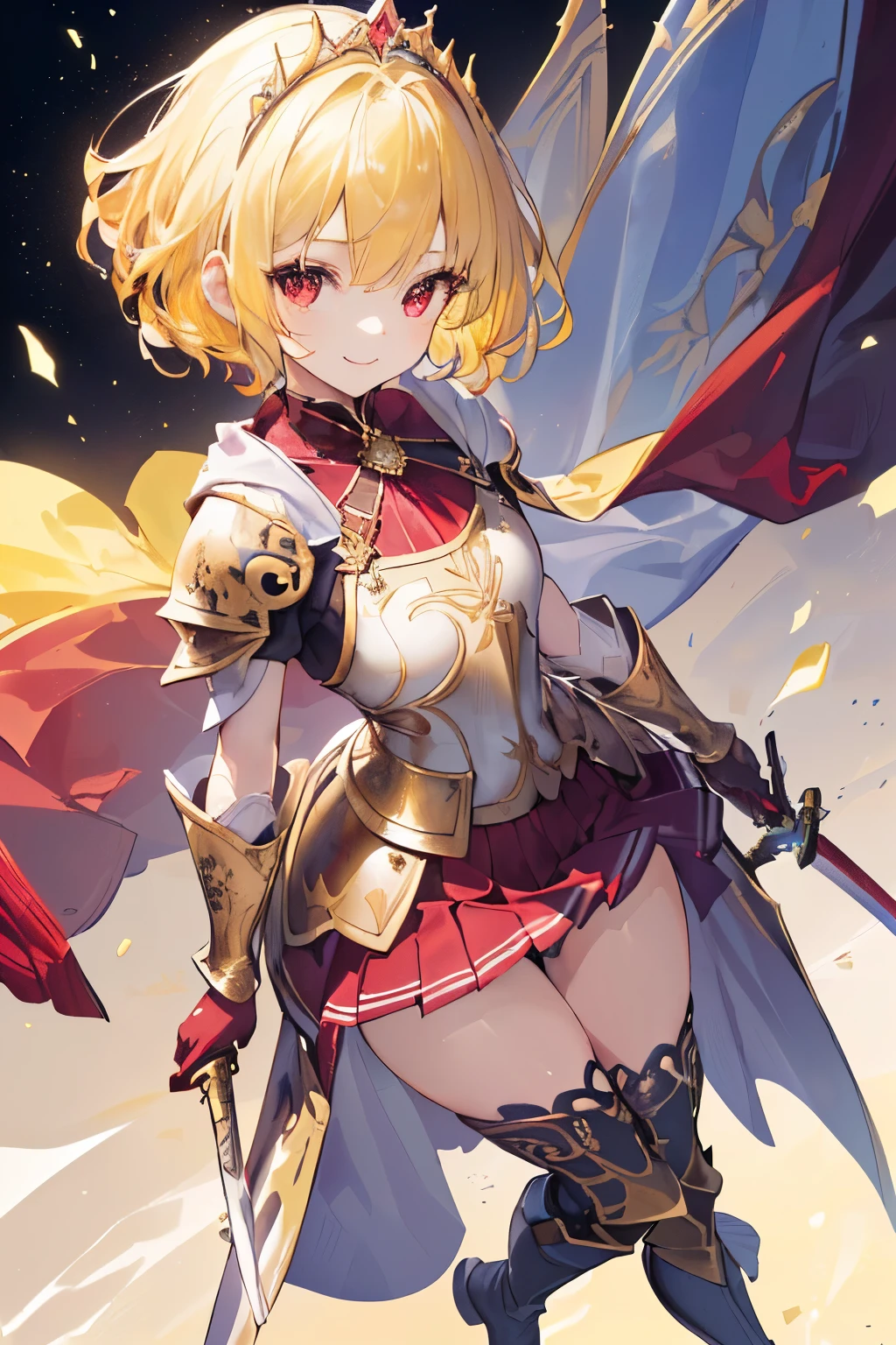 (((1girl))), ((best quality)), ((masterpiece)), ((ultra-detailed)), (illustration), (detailed light), (an extremely delicate and beautiful), (beautiful detailed eyes), (sunlight), ((extremely light)), ((extremely clothes)), (((hyper detail))),(((((front lighting))))),(((((front light))))),
((((quite adorable and armor with a pleated skirt and robe and tiara)))),
((((Grand Master Knight)))),
,
(((wavy short manish bob))), ((((yellow gold hair)))), ((((short hair)))),
(((deep red eyes))),
((((whole body)))), aged 5 to 8, ((((())))), ((((very adorable young girl)))),
((condescending expression)), ((mischievous smile with sexual satisfaction)), (((extra adorable))), (((((extra slender shape))))),
(((((extremely beautiful detailed face))))),
(((bravely standing with a long-sword))), (((elegant boots))),
(Dutch angle), (((elegant gloves))), ((transparent magical underskirt)), ((a little bit exposed adorable magical panties))