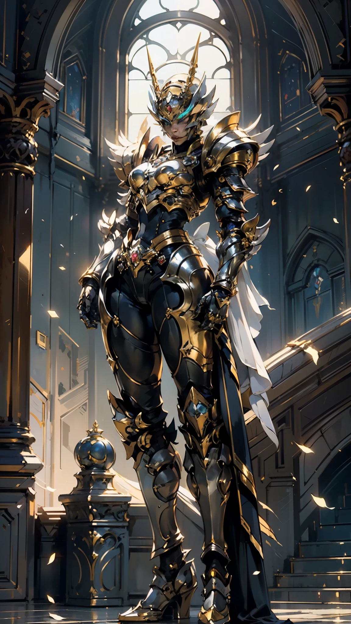 A woman adorned in fantasy-style full-body armor, a crown-concept fully enclosed helmet that unveils only her eyes, a composite layered chest plate, fully encompassing shoulder and hand guards, a lightweight waist armor, form-fitting shin guards, the overall design is heavy-duty yet flexible, (the armor gleams with a golden glow, complemented by red and blue accents), exhibiting a noble aura, she floats above a fantasy-surreal high-tech city, this character embodies a finely crafted fantasy-surreal style armored hero in anime style, exquisite and mature manga art style, (mixture of Queen bee and Spider concept Armor, plasma), ((Element, elegant, goddess, femminine:1.5)), metallic, high definition, best quality, highres, ultra-detailed, ultra-fine painting, extremely delicate, professional, anatomically correct, symmetrical face, extremely detailed eyes and face, high quality eyes, creativity, RAW photo, UHD, 32k, Natural light, cinematic lighting, masterpiece-anatomy-perfect, masterpiece:1.5