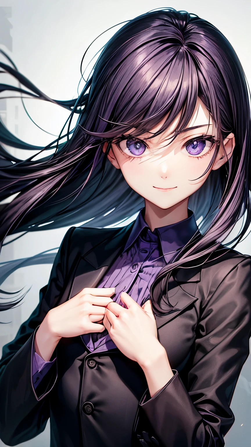 31 years old Japanese lady (( small breast, slender)), black shoulder-length shaggy hair ((, much flipped hair )),(( so much shaggy forelock)), BREAK, keen and sharp eyes ((pale purple eyes)), eyelashes, BREAK, business ((black jacket and black dress pants)), long sleeves shirt, fearless and bullish smiling, confident and brave atmosphere,((face focus)), looking down pose