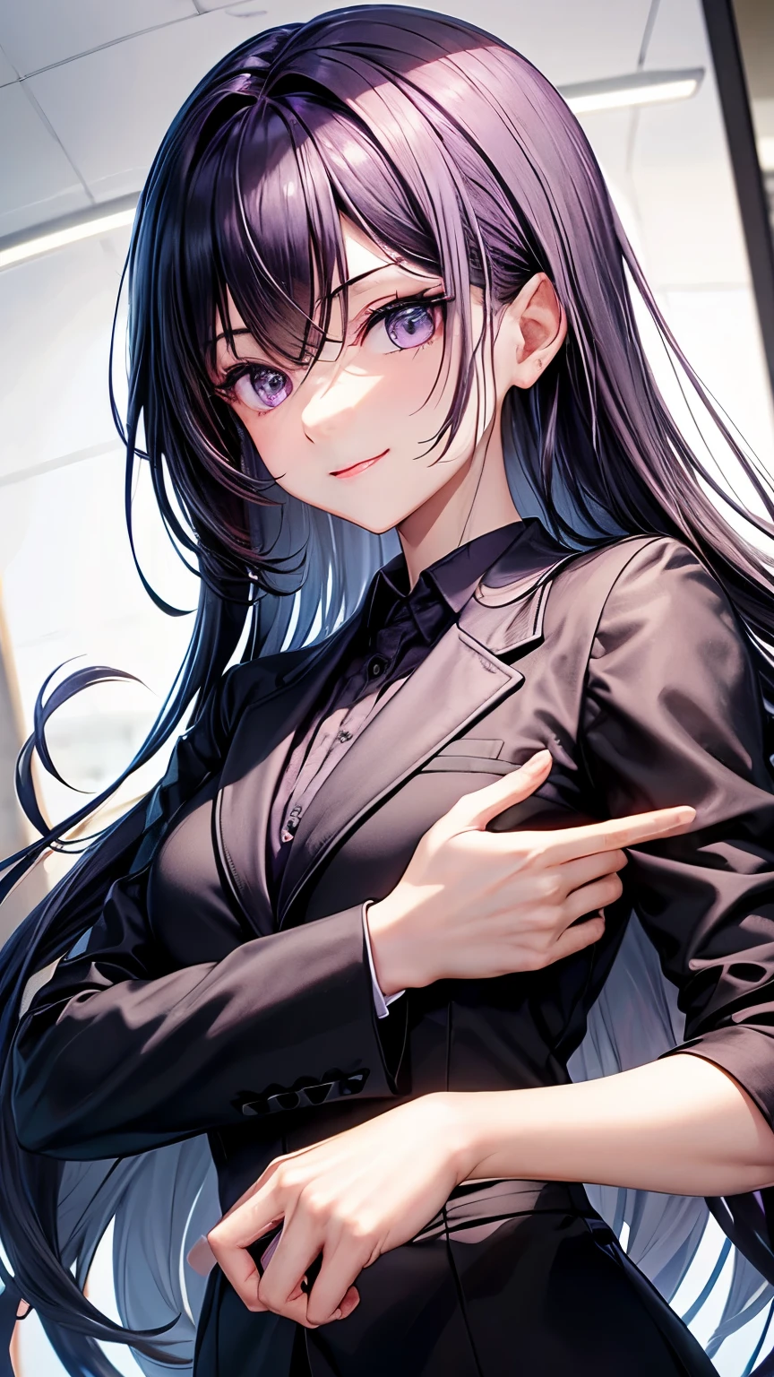 31 years old Japanese lady (( small breast, slender)), black shoulder-length shaggy hair ((, much flipped hair )),(( so much shaggy forelock)), BREAK, keen and sharp eyes ((pale purple eyes)), eyelashes, BREAK, business ((black jacket and black dress pants)), long sleeves shirt, fearless and bullish smiling,  confident and brave atmosphere,((face focus)), looking down pose