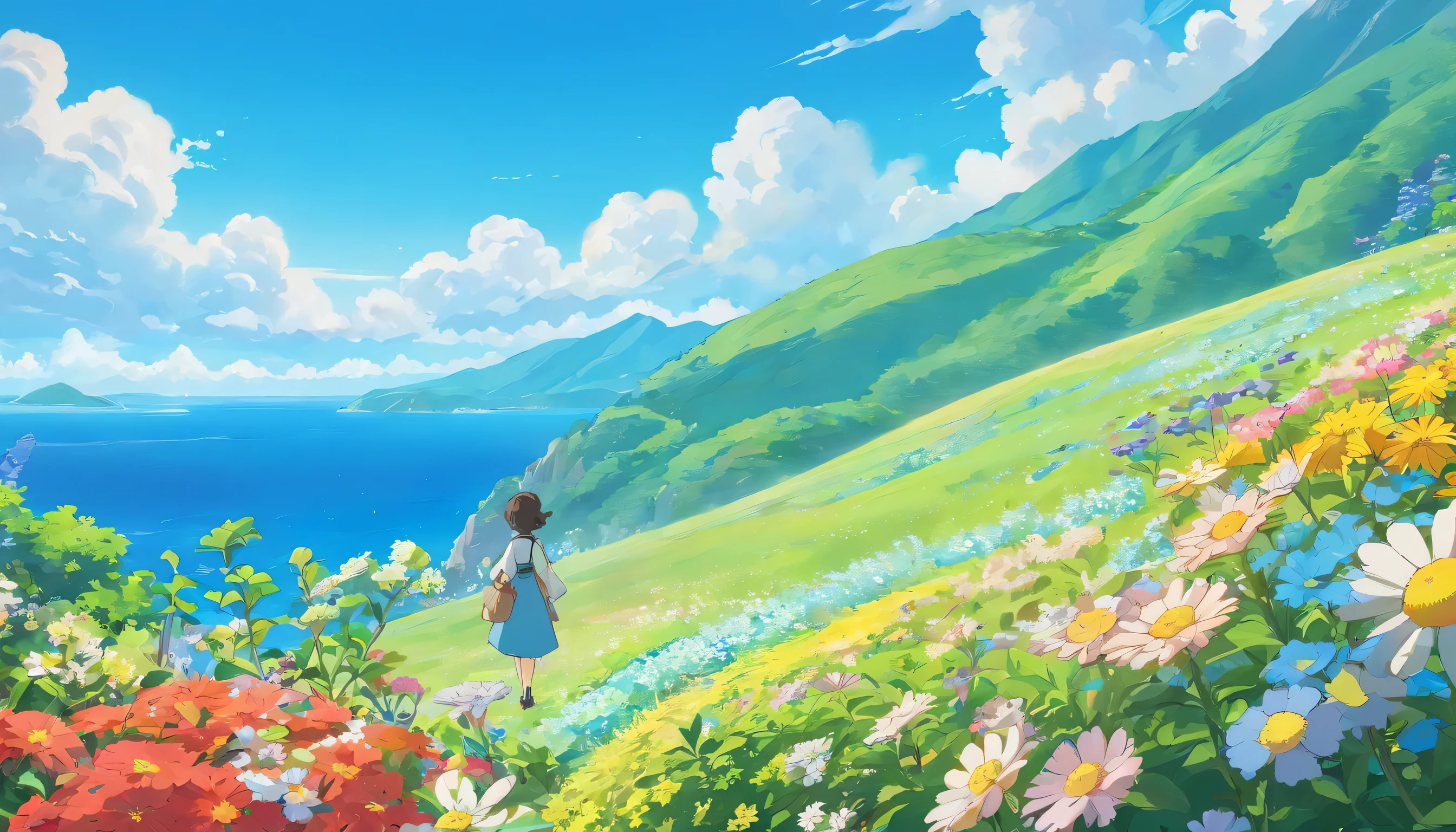 shape,Original picture,comics,blue sky and white clouds,sea of flowers,green mountain々,Canon EOS 80D,intricate details,cinematic light,8k