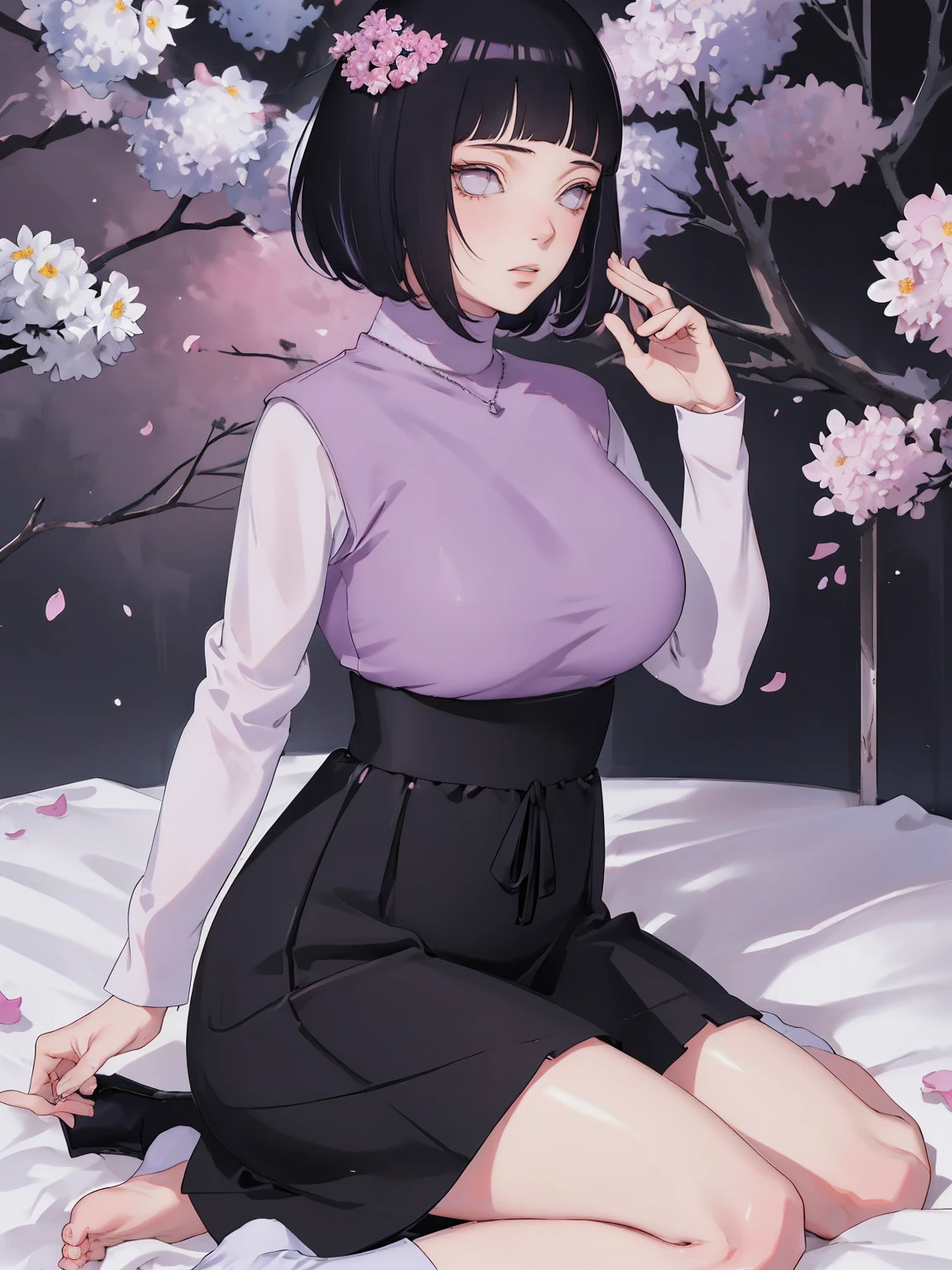 { - anatomy error} (Masterpiece - Ultra-detailed, very high resolution) (huge titusty, masterpiece, absurdres, hinata\(boruto\), 1girl, solo,mature female, lilac turtleneck blouse, high waist black long skirt, looking at viewelling petals), perfect composition, detailed lips, big breast, beautiful face, body propotion, blush, (pink lips), short hair, (black hair), purple eyes, soft gaze, super realistic, detailed, photoshoot, realistic face and body, closed mouth , lilac eyes, full body, sitting on the floor , backwards, looking back, black boots, hidden hands, perfect fingers, inocent face