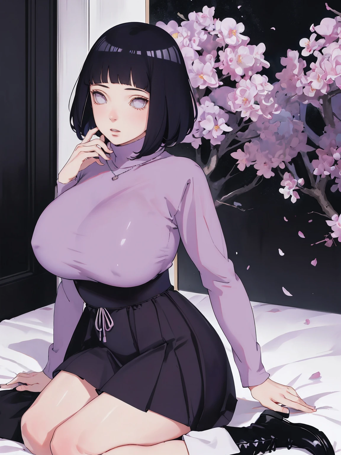 { - anatomy error} (Masterpiece - Ultra-detailed, very high resolution) (huge titusty, masterpiece, absurdres, hinata\(boruto\), 1girl, solo,mature female, lilac turtleneck blouse, high waist black long skirt, looking at viewelling petals), perfect composition, detailed lips, big breast, beautiful face, body propotion, blush, (pink lips), short hair, (black hair), purple eyes, soft gaze, super realistic, detailed, photoshoot, realistic face and body, closed mouth , lilac eyes, full body, sitting on the floor , backwards, looking back, black boots, hidden hands, perfect fingers, inocent face