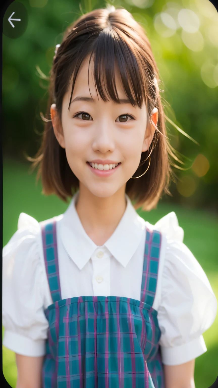 There is a young girl wearing a plaid dress and smiling, cute young girl, asian young girl, girl cute-fine-face, beautiful young girl, portrait of japanese girl, young cute wan asian face, young and cute girl, portrait cute-fine-face, smiling girl, innocent smile, portrait of cute girl, cute , cute kawaii girl