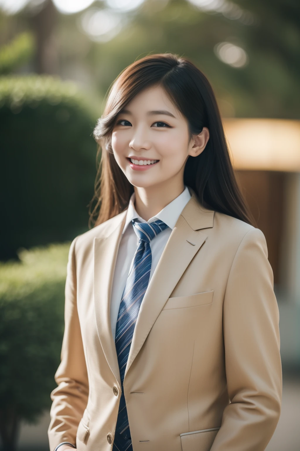 (realistic, photo-realistic:1.37),(8k, raw photos, best quality, Masterpiece:1.2), cute, very detailed,heart shaped student,Physical rendering, Ultra high resolution, Kodak Vision Colors, Shot with an Arricam LT camera., Bokeh, Sharp focus, look at viewer,photorealistic,realistic, alone, photorealistic, best quality,ใบหน้าที่very detailed,ดวงตาและใบหน้าที่very detailed, Beautifully detailed eyes,nonsense, incredibly nonsense,A haunting smile,messy hair, floating hair, ,((((golden business suit))),Tie at the waist,