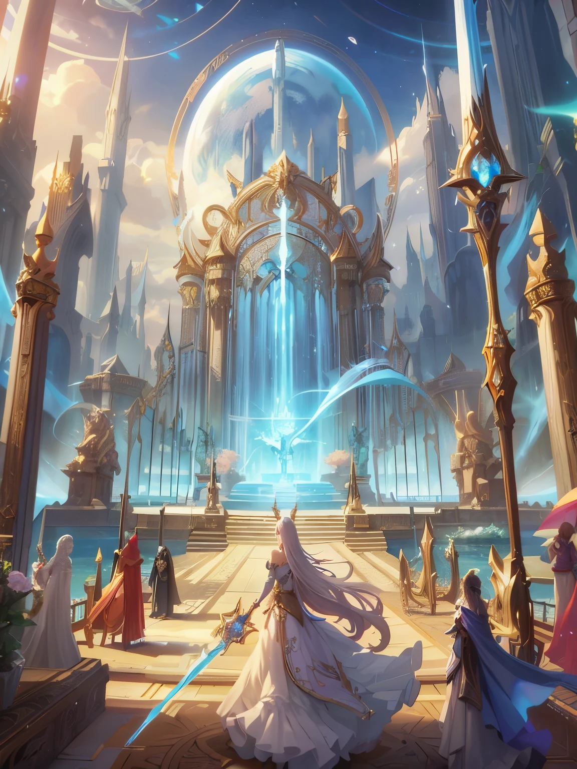 a woman in a white dress standing in front of a fountain, league of legends concept art, epic fantasty card game art, official splash art, high detailed official artwork, league of legends splash art, league of legend illustration, league of legends art, concept art magical highlight, league of legends splashart, anime fantasy artwork, infinite celestial library, stunning arcanum backdrop